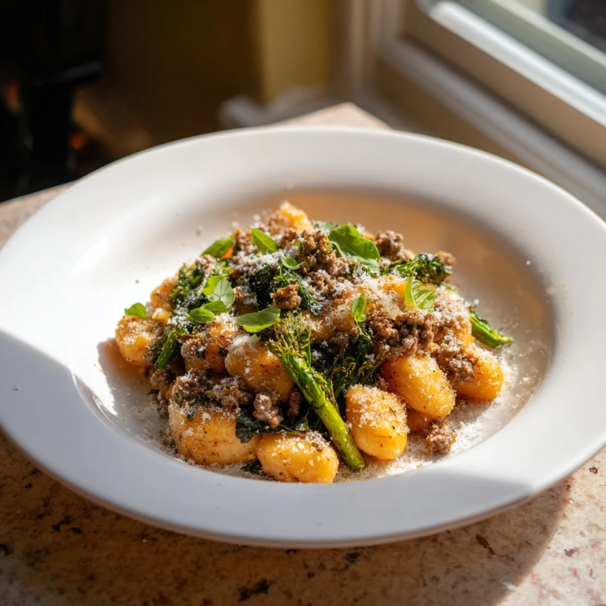 Golden-brown Sheet Pan Gnocchi Bake with savory sausage and crisp-tender broccolini on a serving dish.