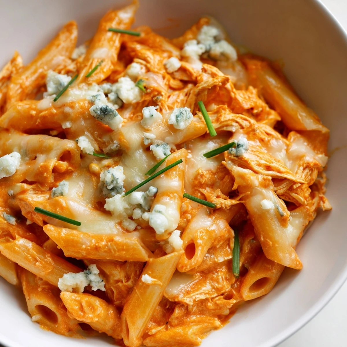 A bowl of creamy Buffalo Chicken Pasta topped with crumbled blue cheese and fresh chives, served steaming hot.  