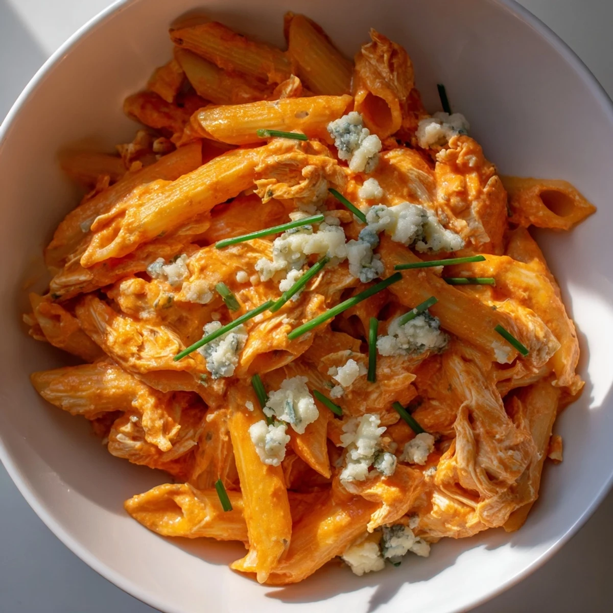 Buffalo Chicken Pasta on a white plate, garnished with green onions and ready for a delicious game-day meal.