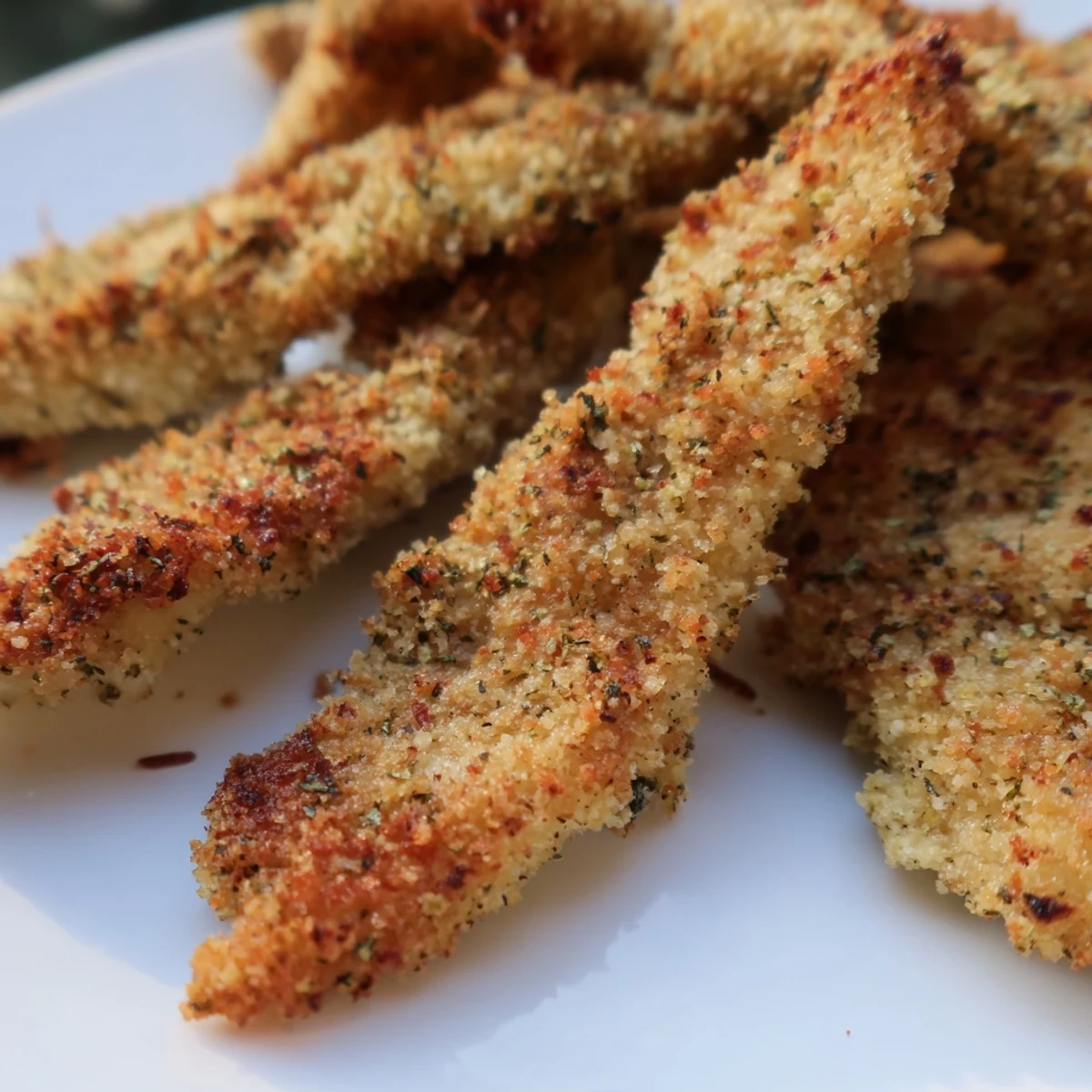 Crispy Panko Chicken Strips fresh from the oven, golden brown and lightly seasoned with herbs on a baking sheet.