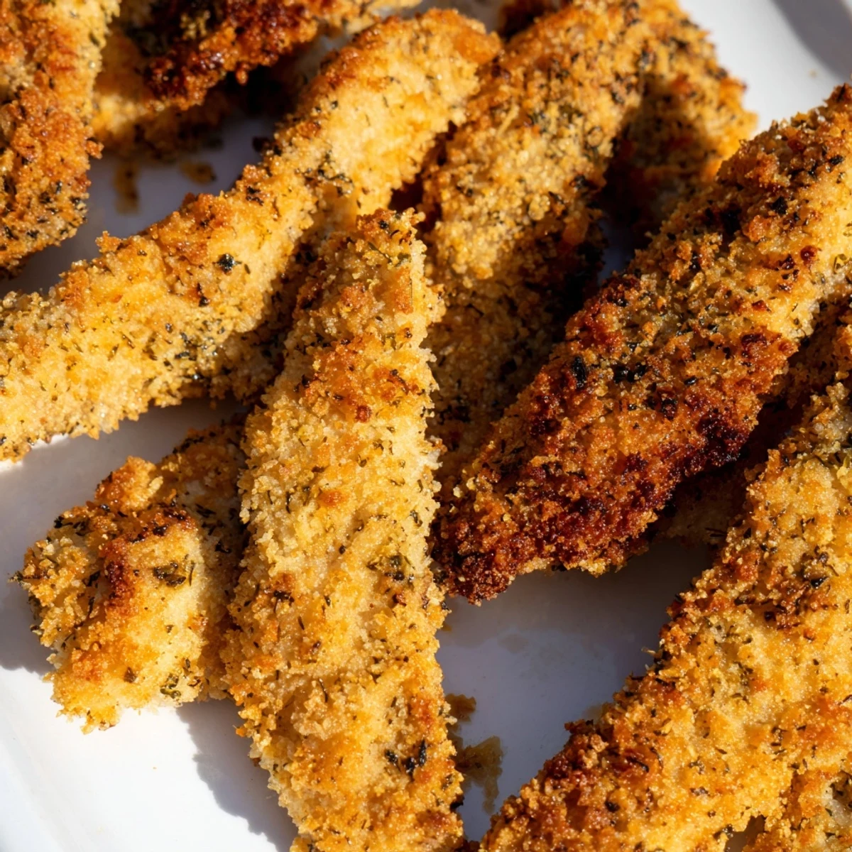 Oven-baked Crispy Panko Chicken Strips arranged neatly on a wire rack, showcasing a crunchy herbed panko coating.