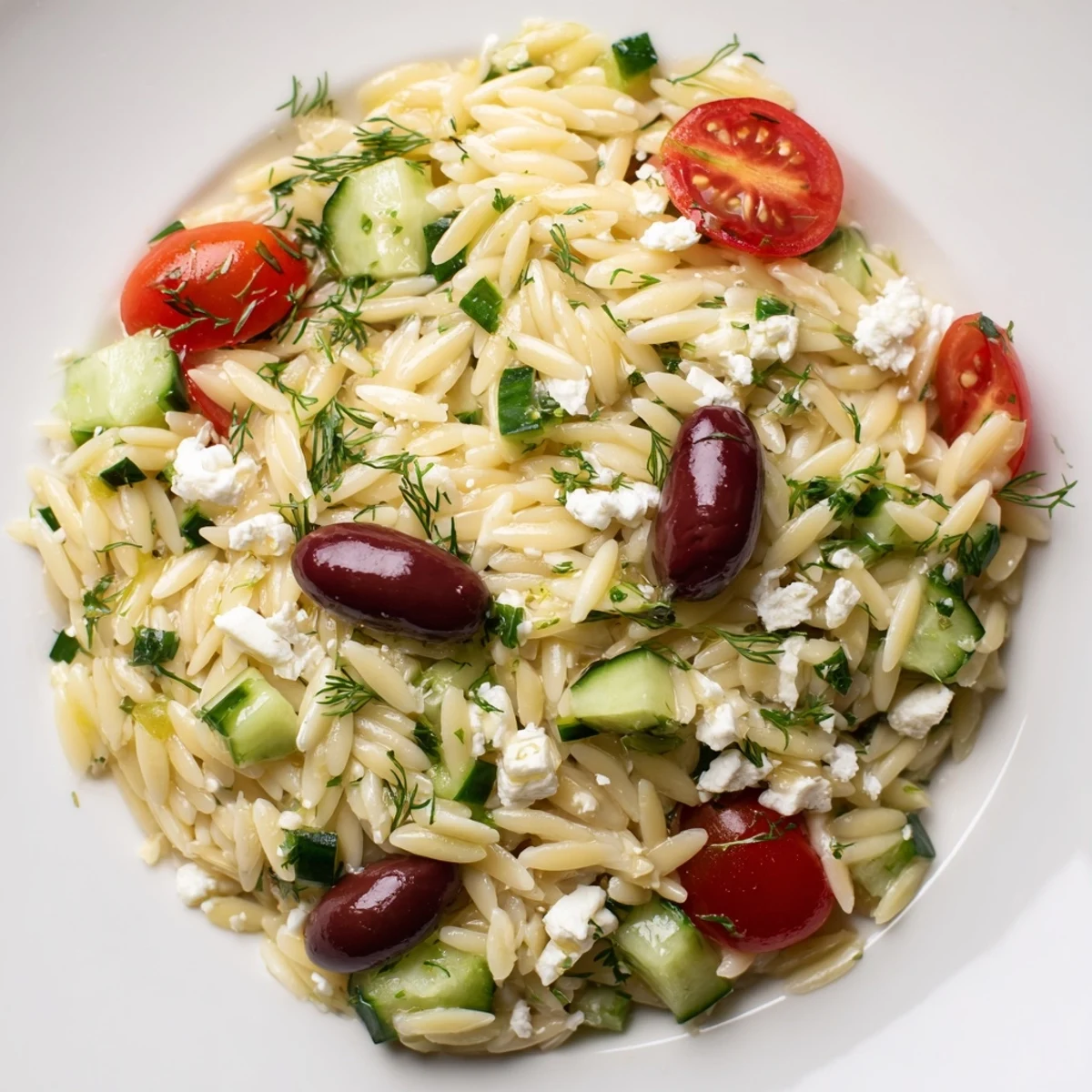 Freshly tossed Greek orzo salad with diced cucumber, juicy tomatoes, and crumbled feta on a rustic plate.