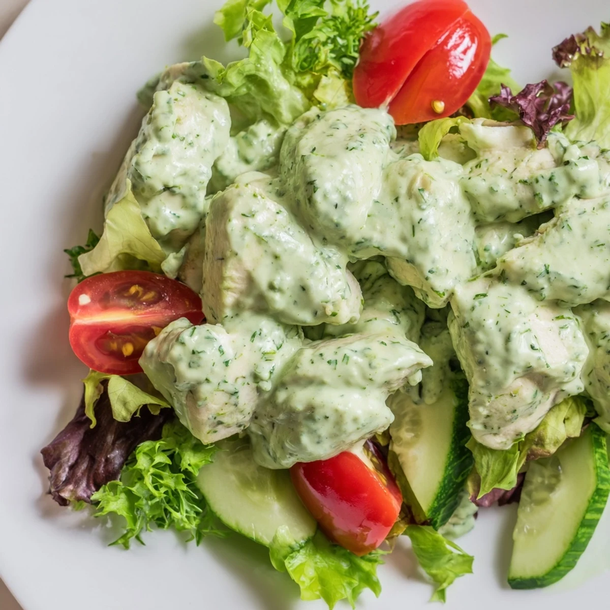 Chunks of tender chicken breast coated in vibrant Green Goddess dressing on a bed of fresh mixed greens and avocado.