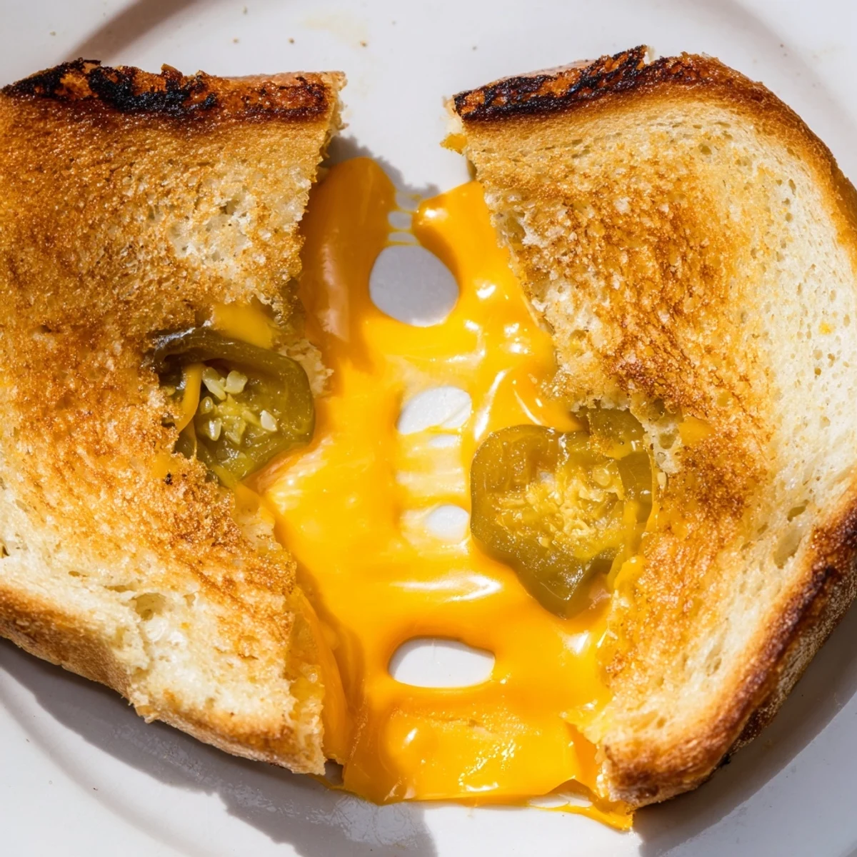A close-up of a Cheddar Jalapeño Grilled Cheese sandwich, cut diagonally to show gooey melted sharp cheddar and tangy pickled jalapeños inside golden, buttery sourdough.