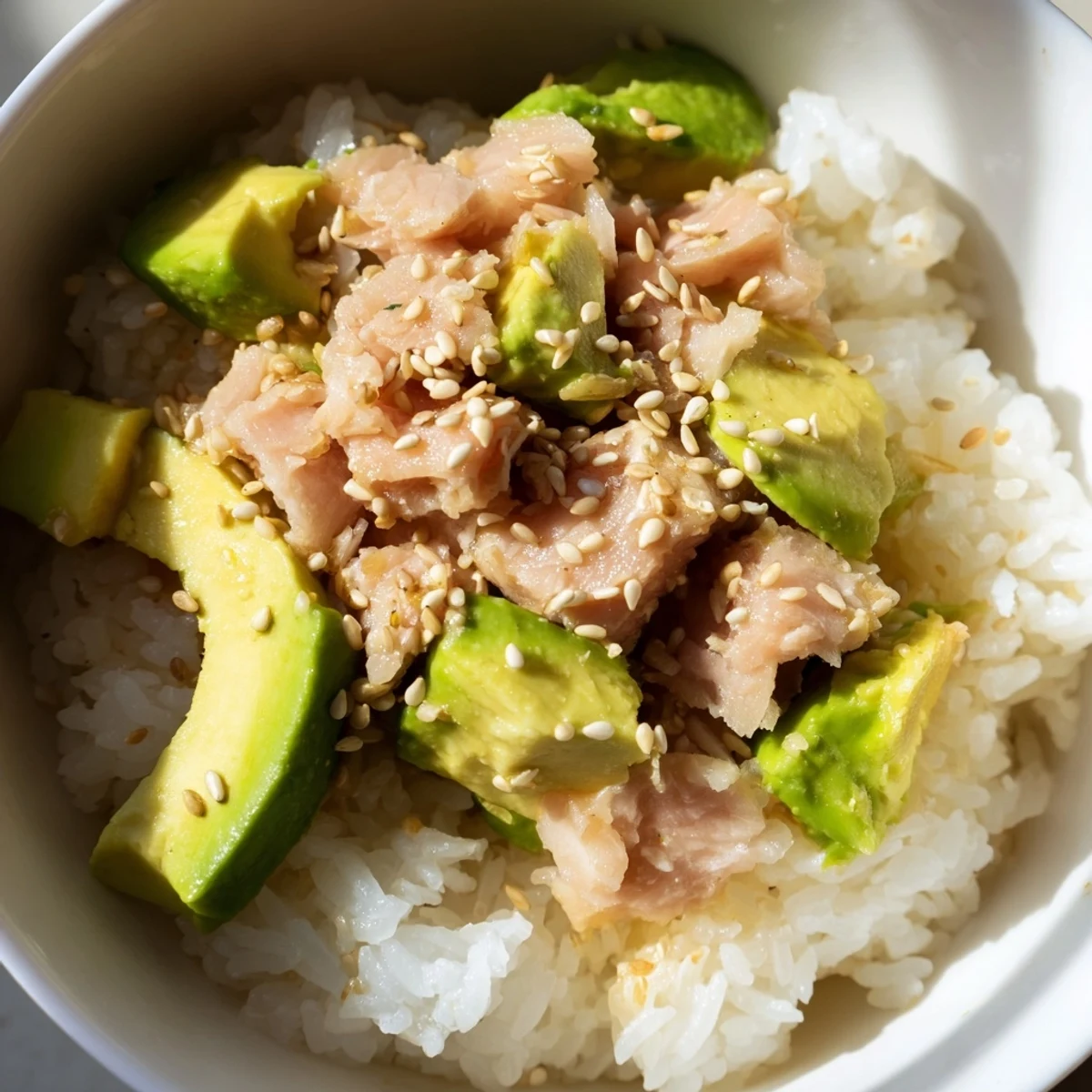 Nourishing Tuna Avocado Rice Bowl served warm, featuring fragrant jasmine rice, diced avocado, and a hint of sriracha for spice.