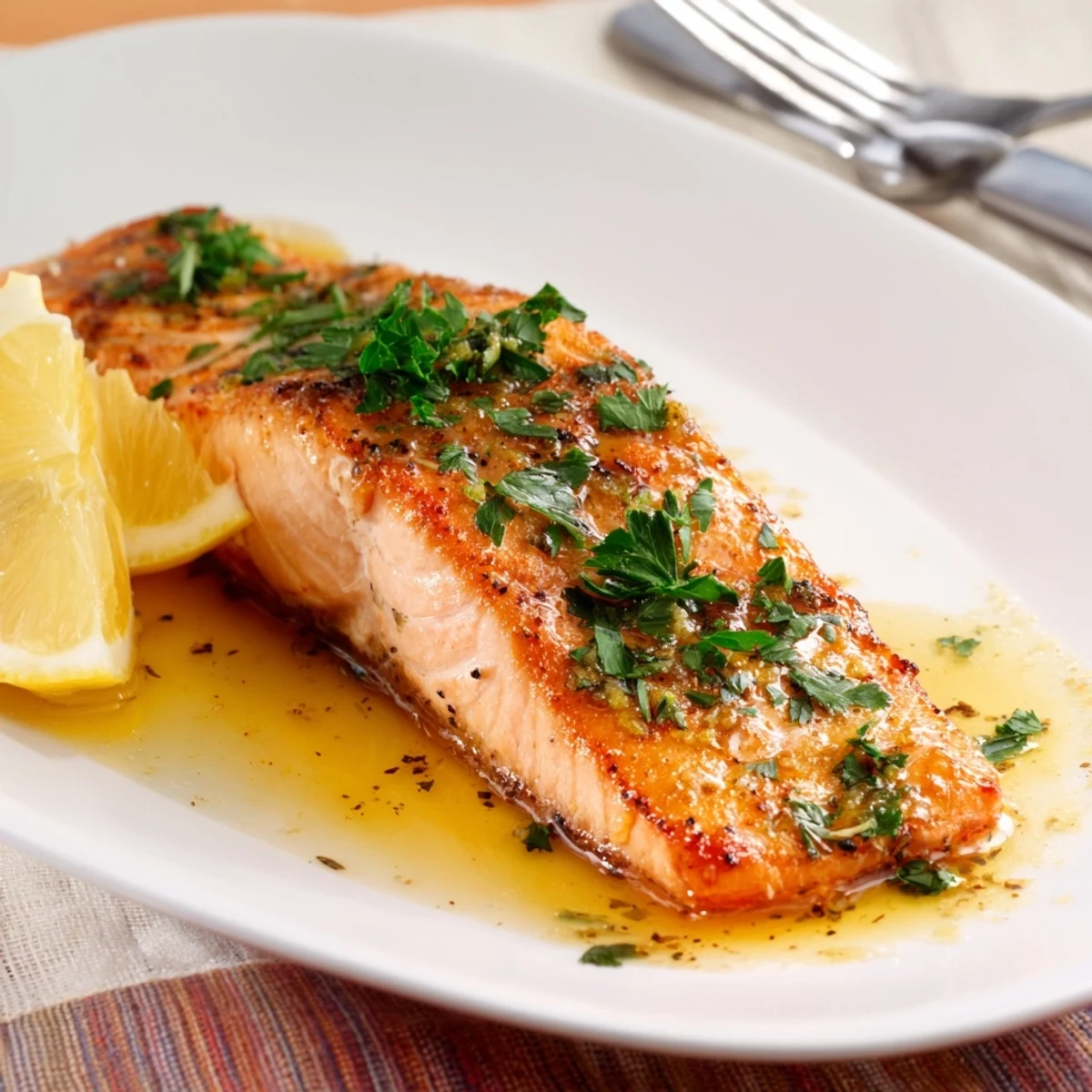 Close-up of tender Honey Garlic Glazed Salmon brushed with a glossy buttery sauce, resting on a tray with pan juices ready to spoon.  