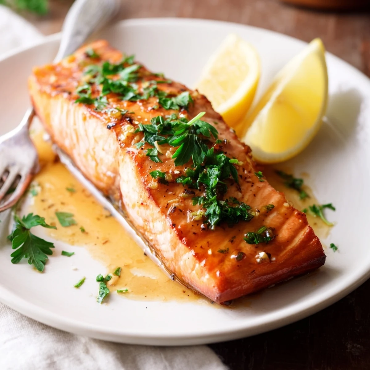 Succulent Honey Garlic Glazed Salmon plated with steamed rice and greens, highlighting its sweet garlic aroma and flaky texture.