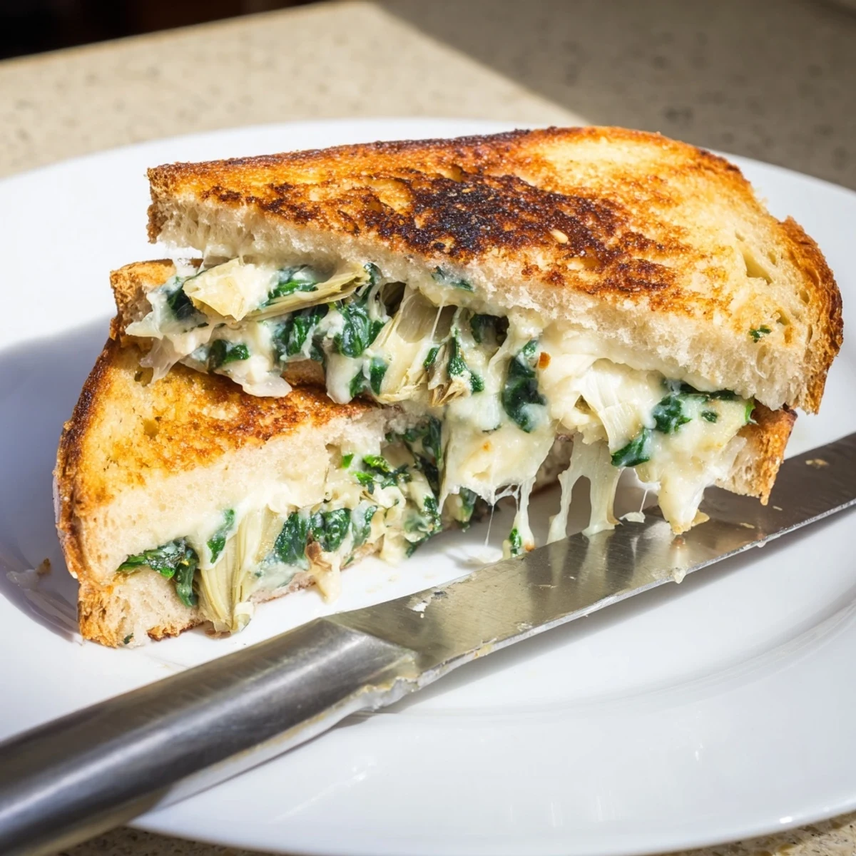Golden-brown Spinach Artichoke Grilled Cheese on sourdough oozing melted mozzarella and creamy filling.