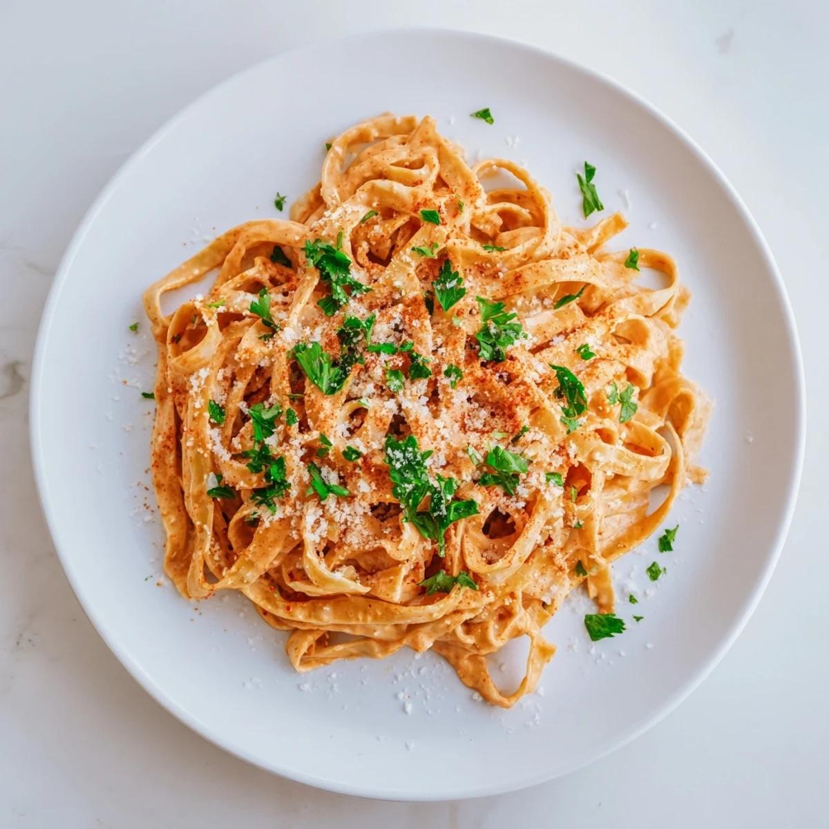 Creamy Sriracha Honey Pasta twirls in a luscious garlic butter sauce with fresh parsley garnish.
