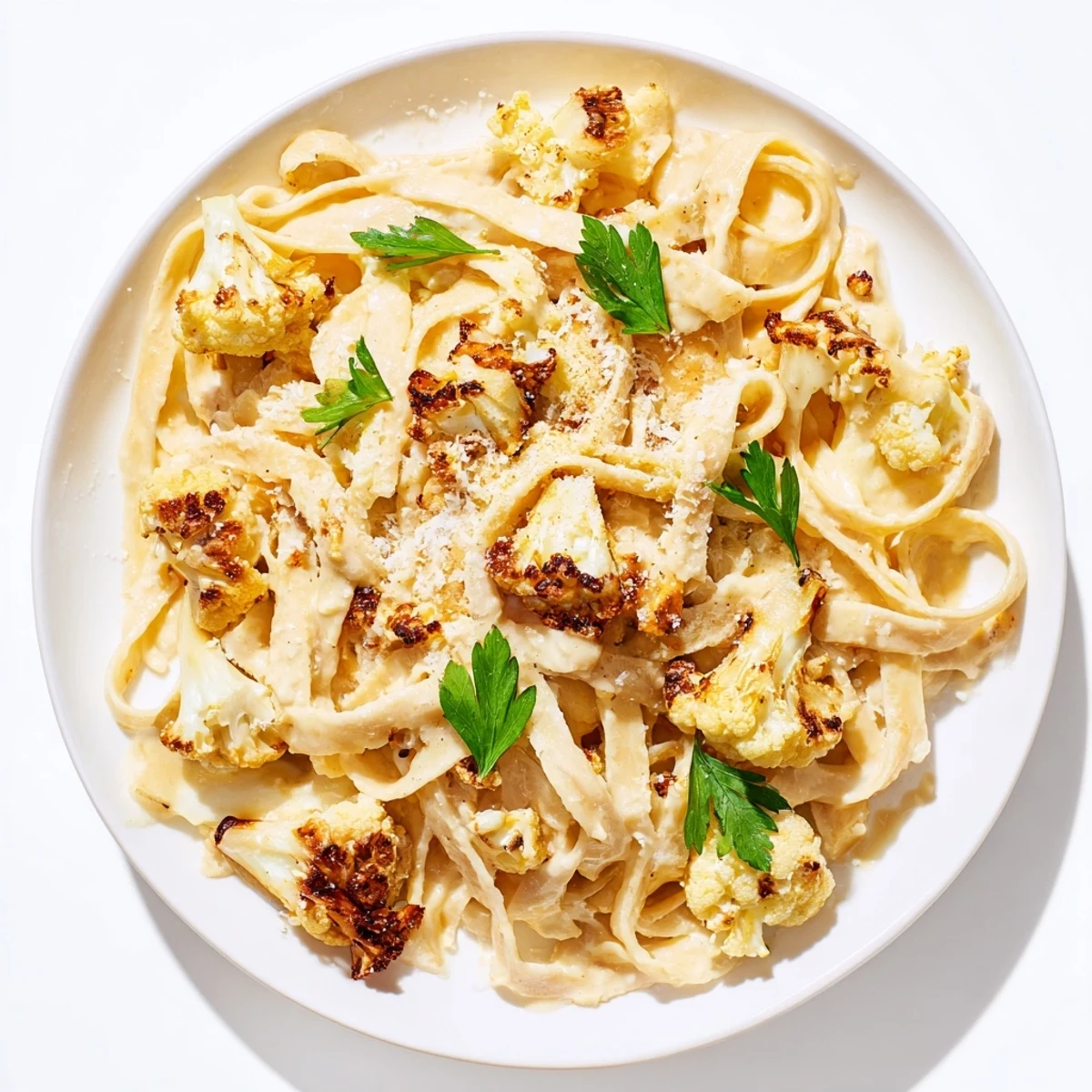 Golden roasted cauliflower florets and creamy white pasta swirl together in a skillet, garnished with fresh parsley and grated Parmesan, ready to serve.