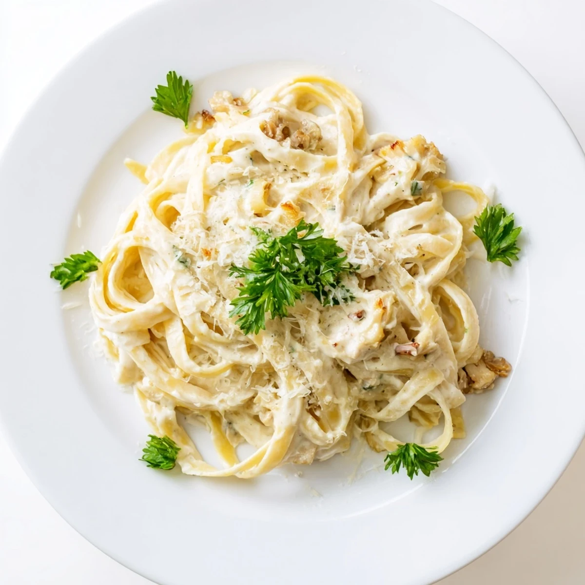 A close-up of Roasted Cauliflower Alfredo sauce coating fettuccine, with tender golden-brown cauliflower florets and melted butter visible throughout the dish.