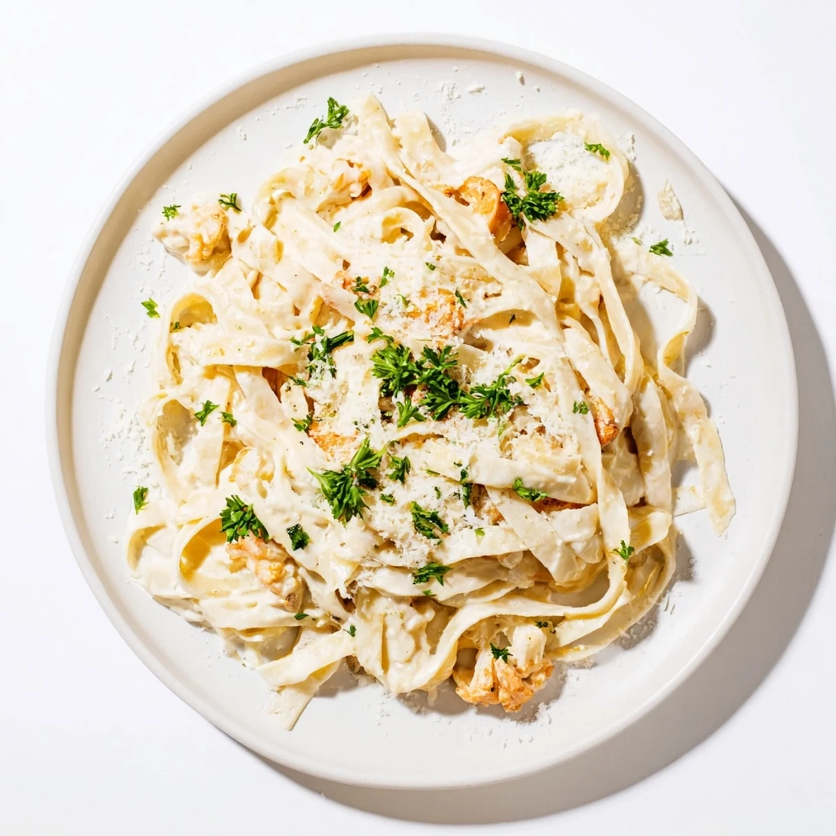 A generous serving of Roasted Cauliflower Alfredo pasta in a shallow bowl, featuring rich, creamy sauce and roasted cauliflower pieces, topped with fresh parsley.
