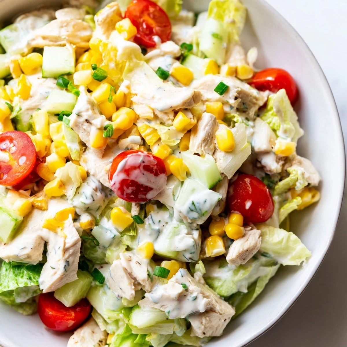 A vibrant bowl of Ranch Chicken Chopped Salad with tender chicken, sweet corn, and sharp cheddar tossed in creamy dressing.