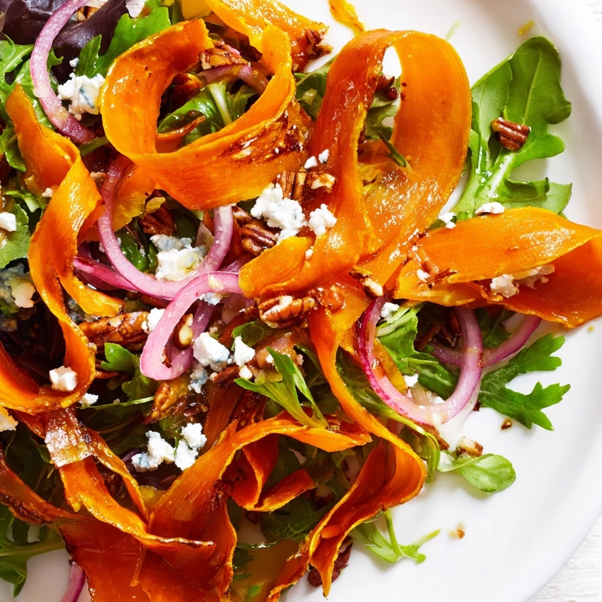 Vibrant Roasted Carrot Ribbon Salad garnished with crumbled feta, toasted pecans, and fresh dill on a rustic plate.
