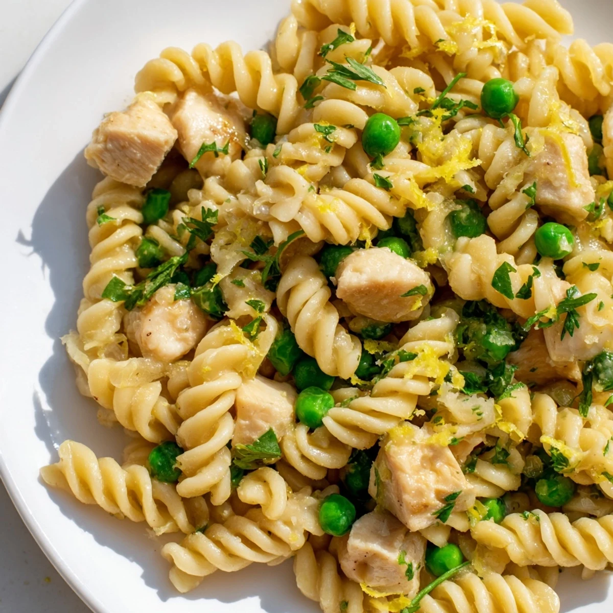 Steam rises from a pan of Garlic Butter Chicken & Pea Pasta, with golden chicken pieces and bright green peas nestled in al dente fusilli.  