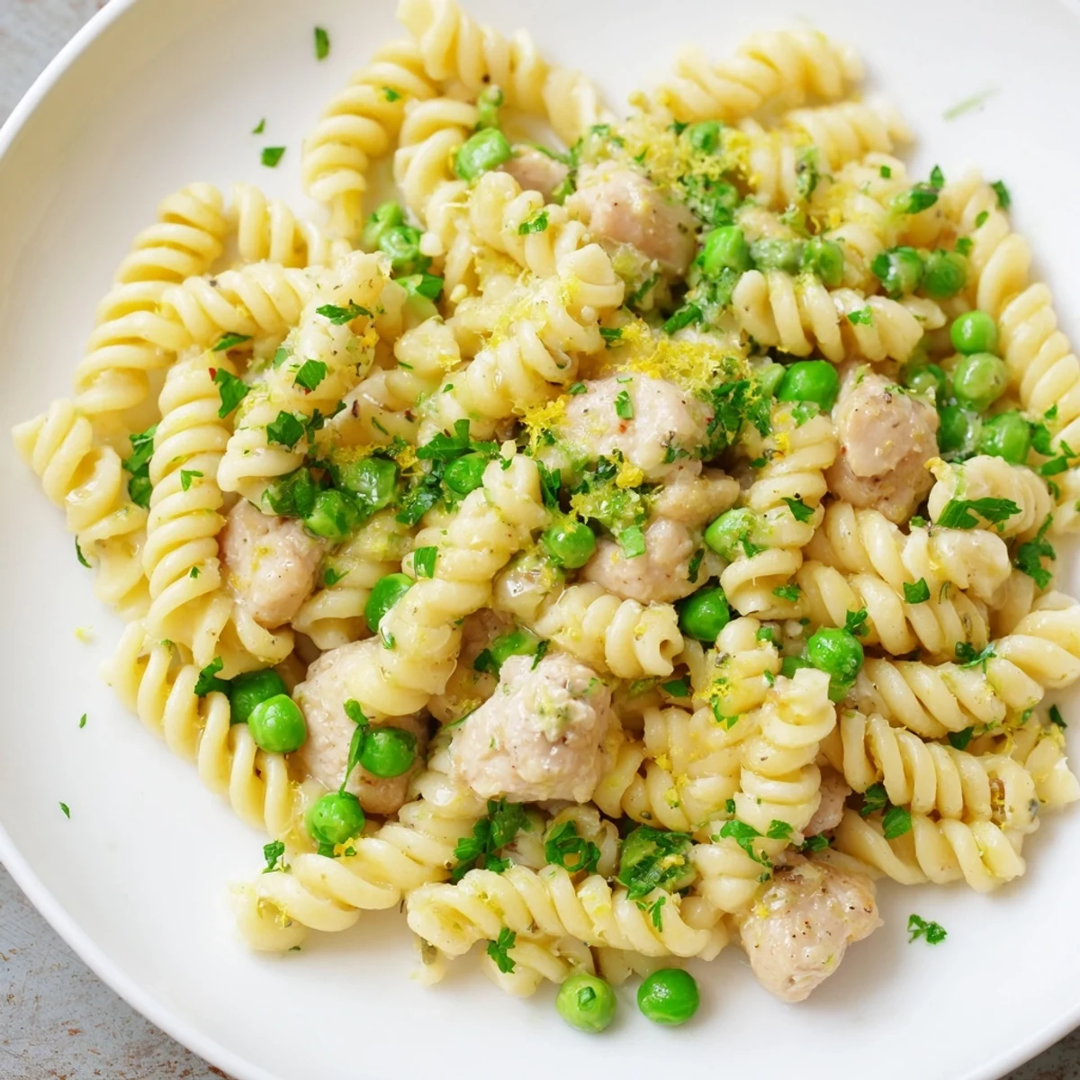 Family-style platter of Garlic Butter Chicken & Pea Pasta, garnished with Parmesan and lemon zest, ready to serve on a rustic table.