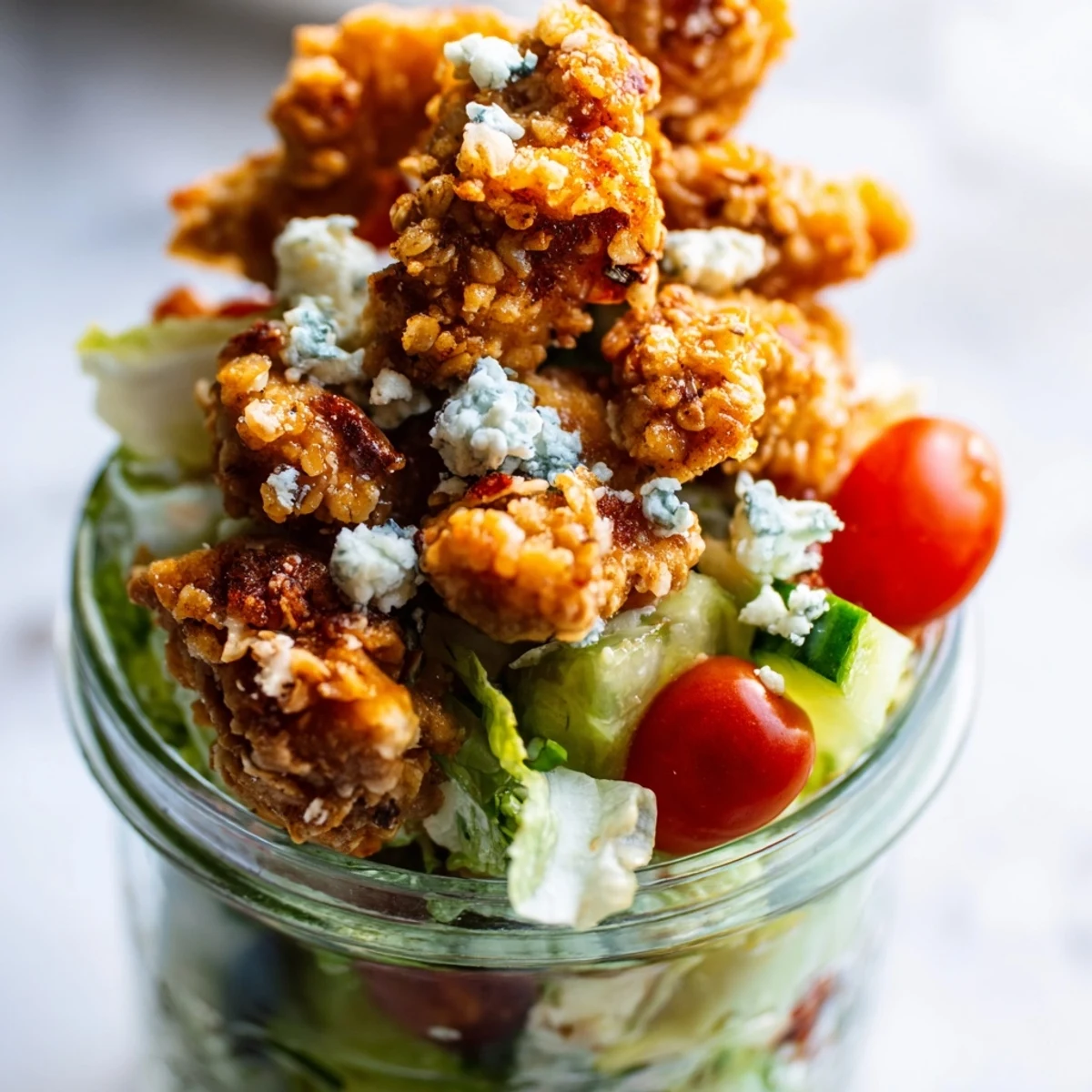Vibrant Crispy Chicken Cobb Jar Salad layered with juicy chicken bites, smoky bacon, and tangy blue cheese in a glass mason jar.  