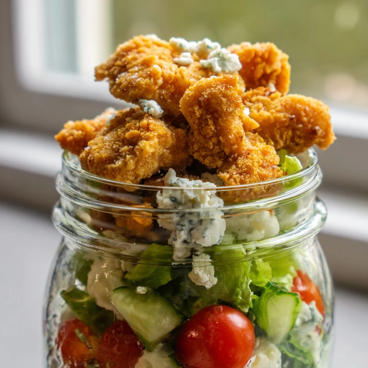 Colorful Crispy Chicken Cobb Jar Salad with cherry tomatoes, cucumber, and blue cheese, perfect for meal prep on busy weekdays.