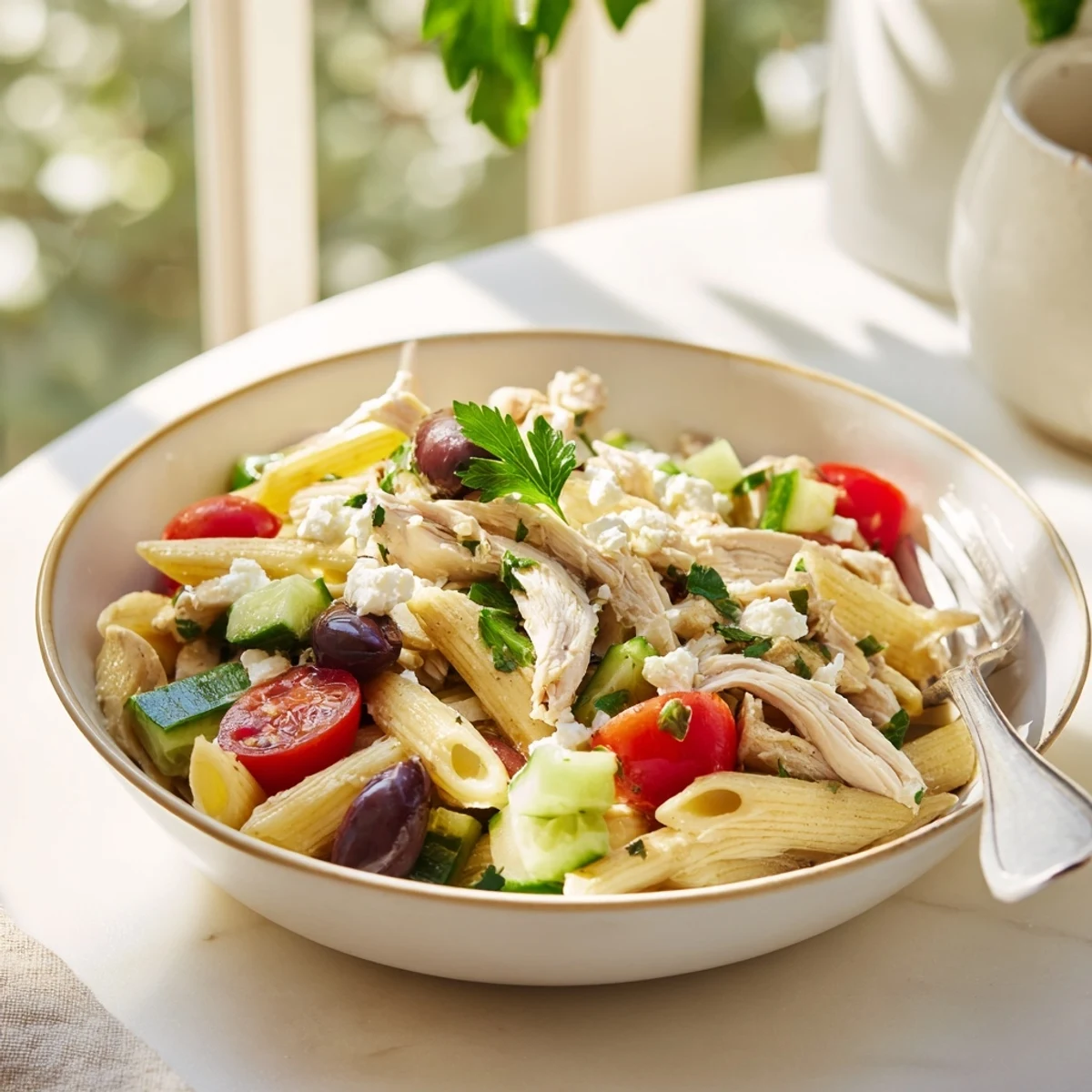 Tender grilled chicken slices rest atop Greek Chicken Pasta Bowl with crisp cucumbers, Kalamata olives, and a light dressing.