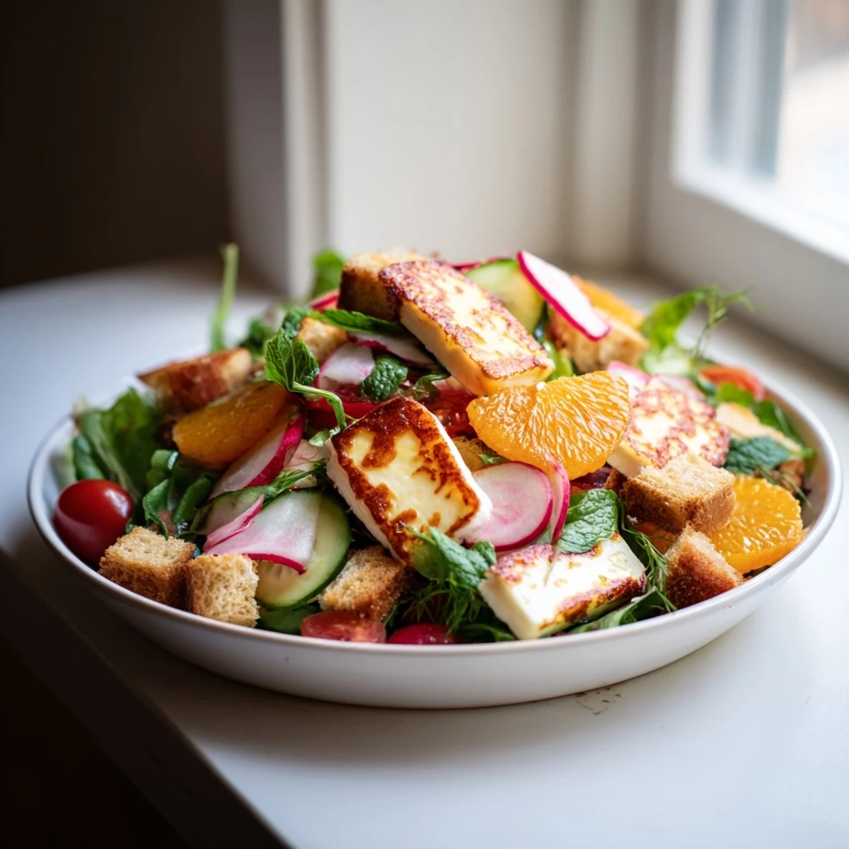 Sliced golden halloumi and ruby blood oranges rest atop crisp mixed greens and cucumber in this Halloumi Blood Orange Fattoush salad.