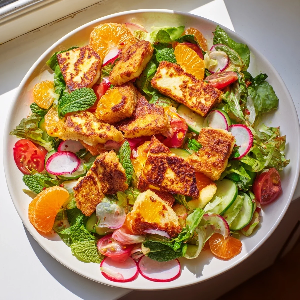 Sun-dried sourdough croutons and a drizzle of sumac vinaigrette add crunch and tang to this vibrant Halloumi Blood Orange Fattoush.