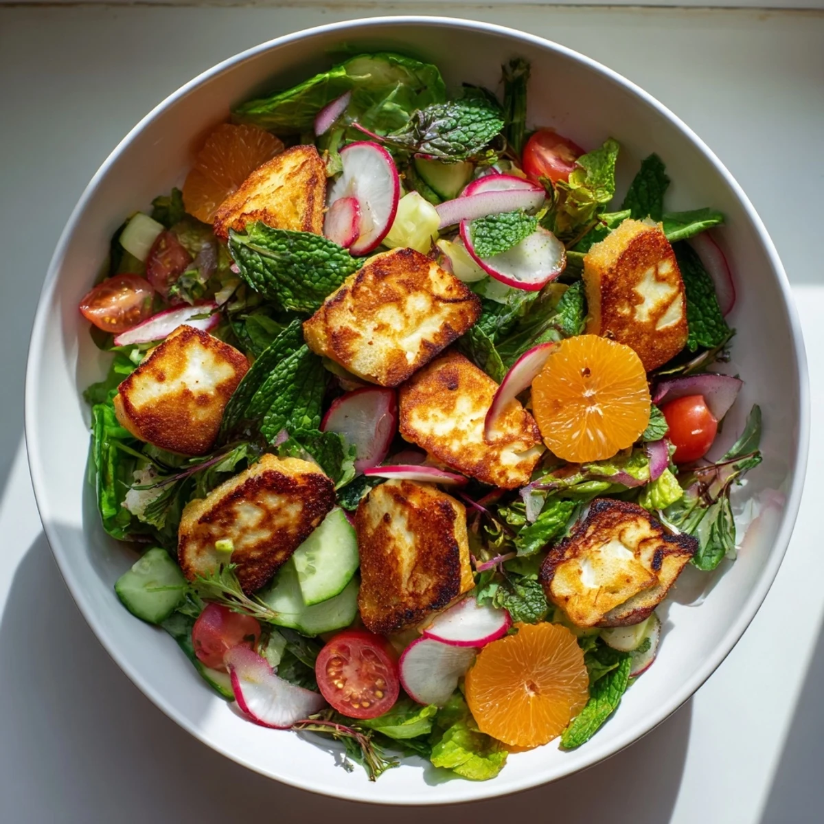 Red onions, cherry tomatoes, and fresh mint frame warm halloumi and juicy blood orange slices in a Halloumi Blood Orange Fattoush.