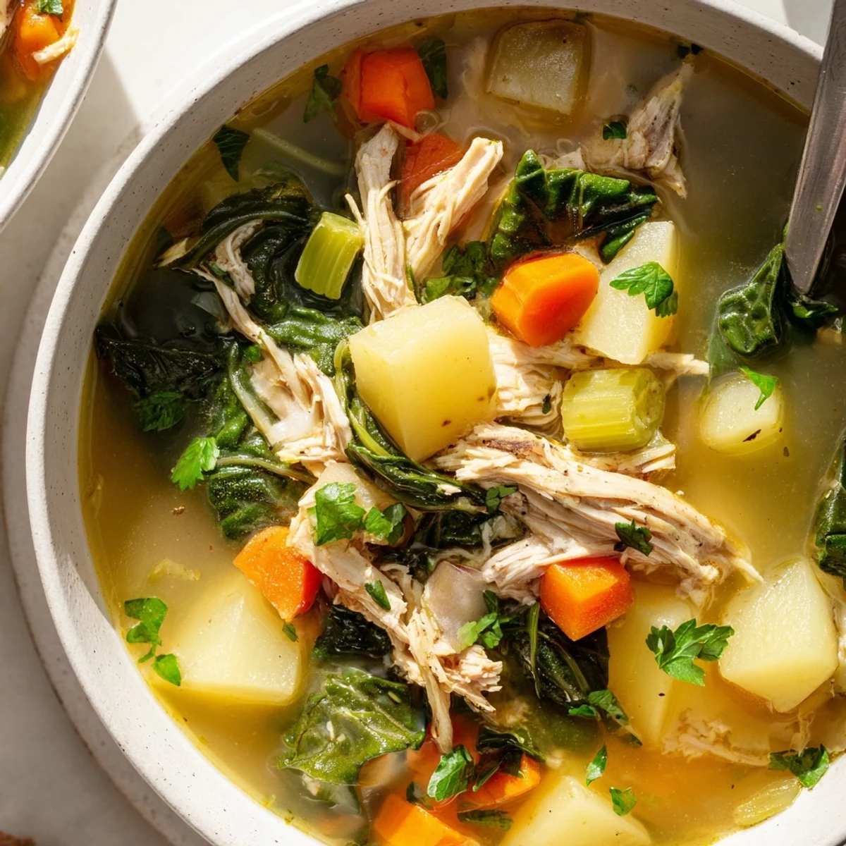 A steaming bowl of Collard Greens, Chicken and Vegetable Soup garnished with fresh parsley, featuring tender shredded chicken and vibrant green leaves.