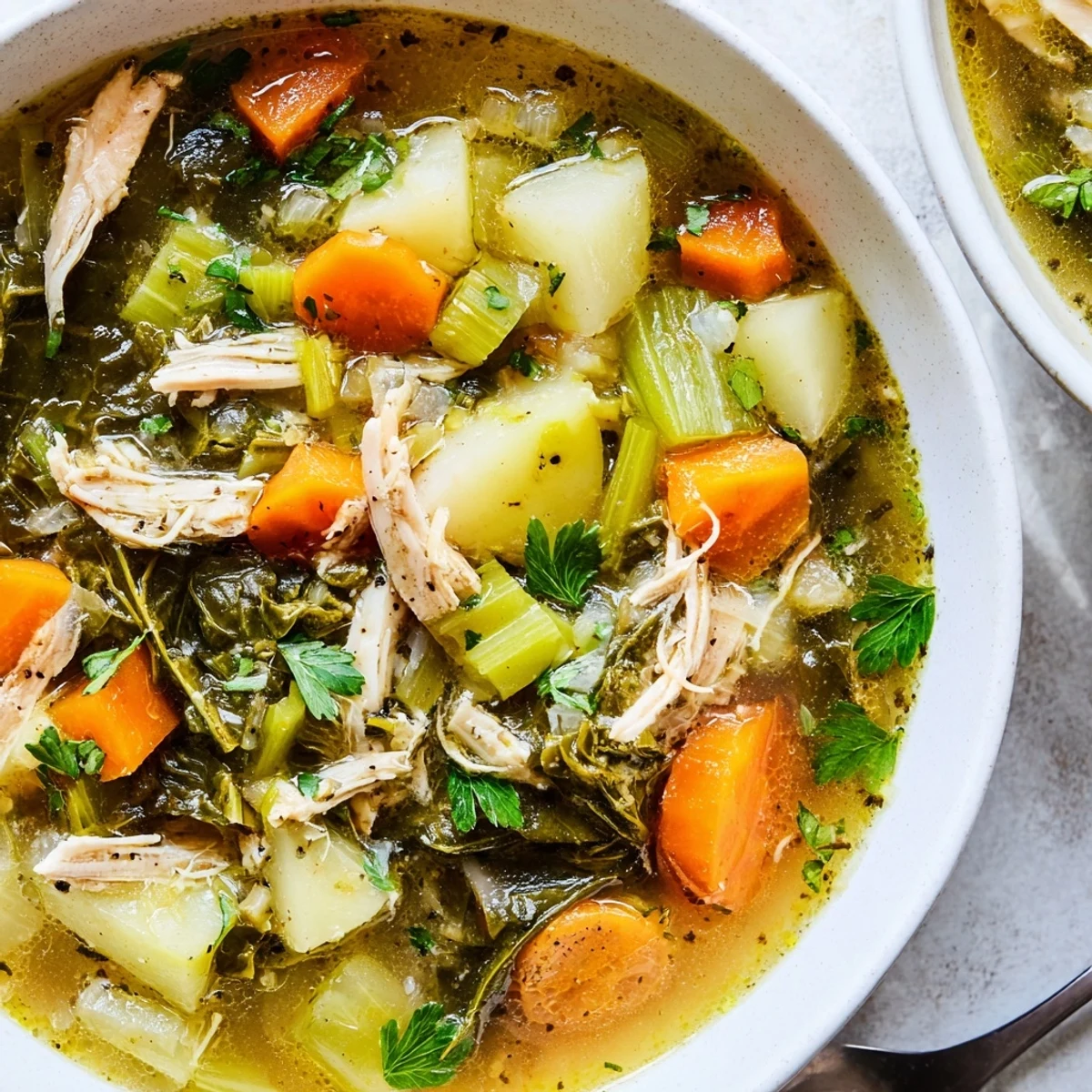 Hearty homemade Collard Greens, Chicken and Vegetable Soup in a rustic bowl, loaded with potatoes, carrots, and celery in a rich broth.