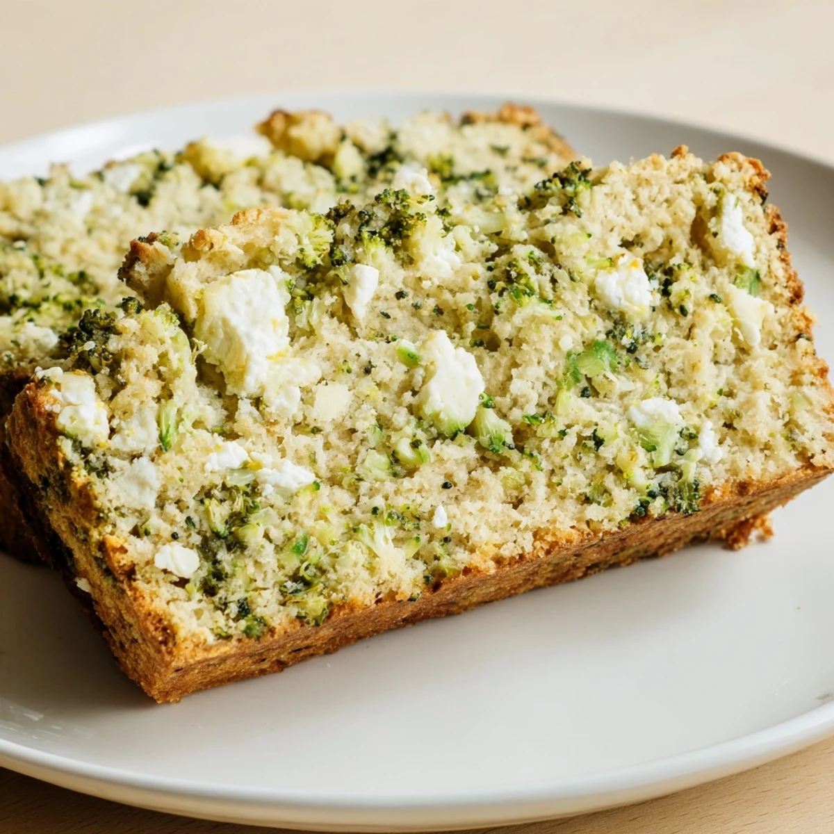 Golden brown broccoli and feta loaf resting on a wire rack, ready to be sliced for a Mediterranean-inspired lunch.  