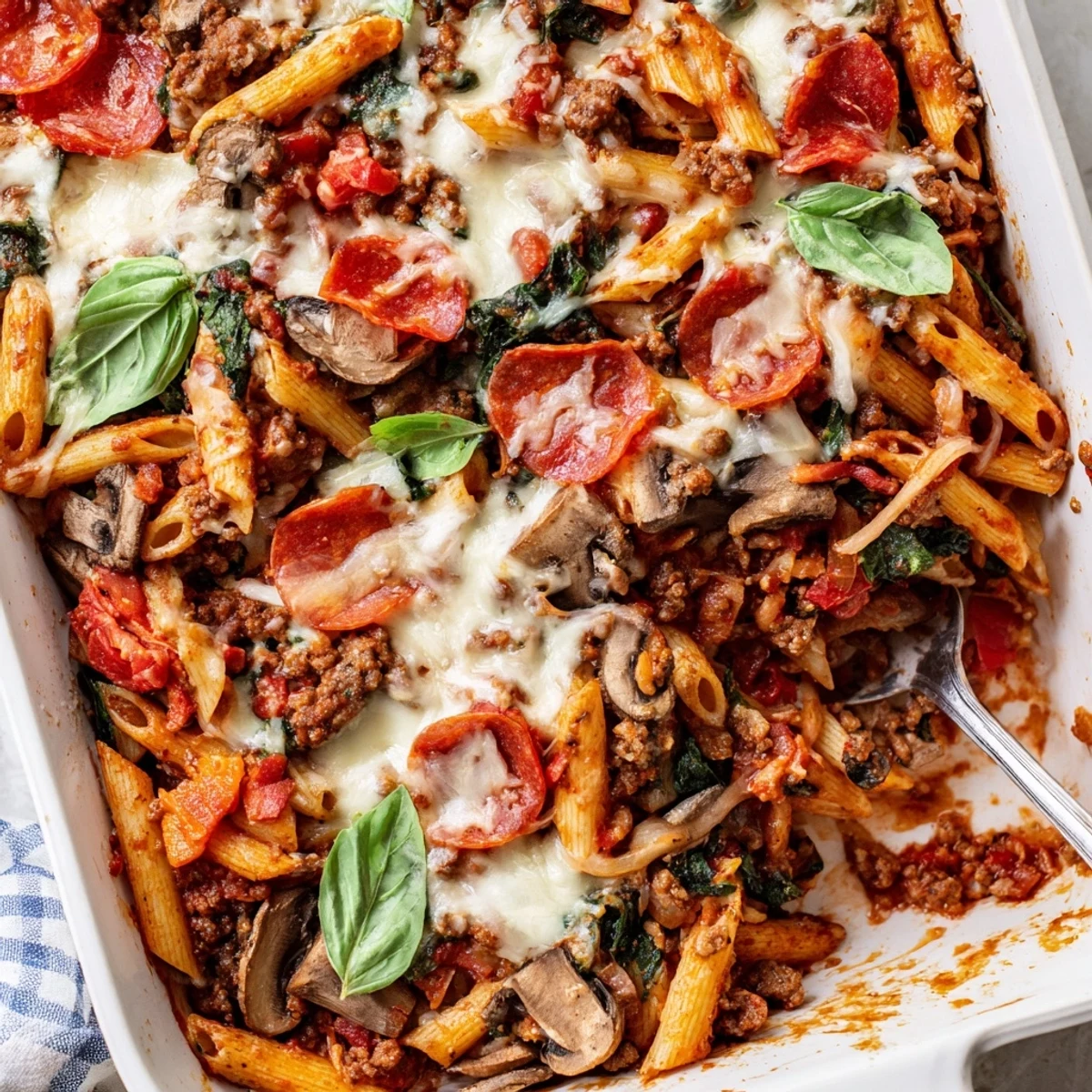 A hearty slice of High Protein Italian Beef and Pasta Bake reveals layers of lean ground beef, vegetables, and melted cheese.