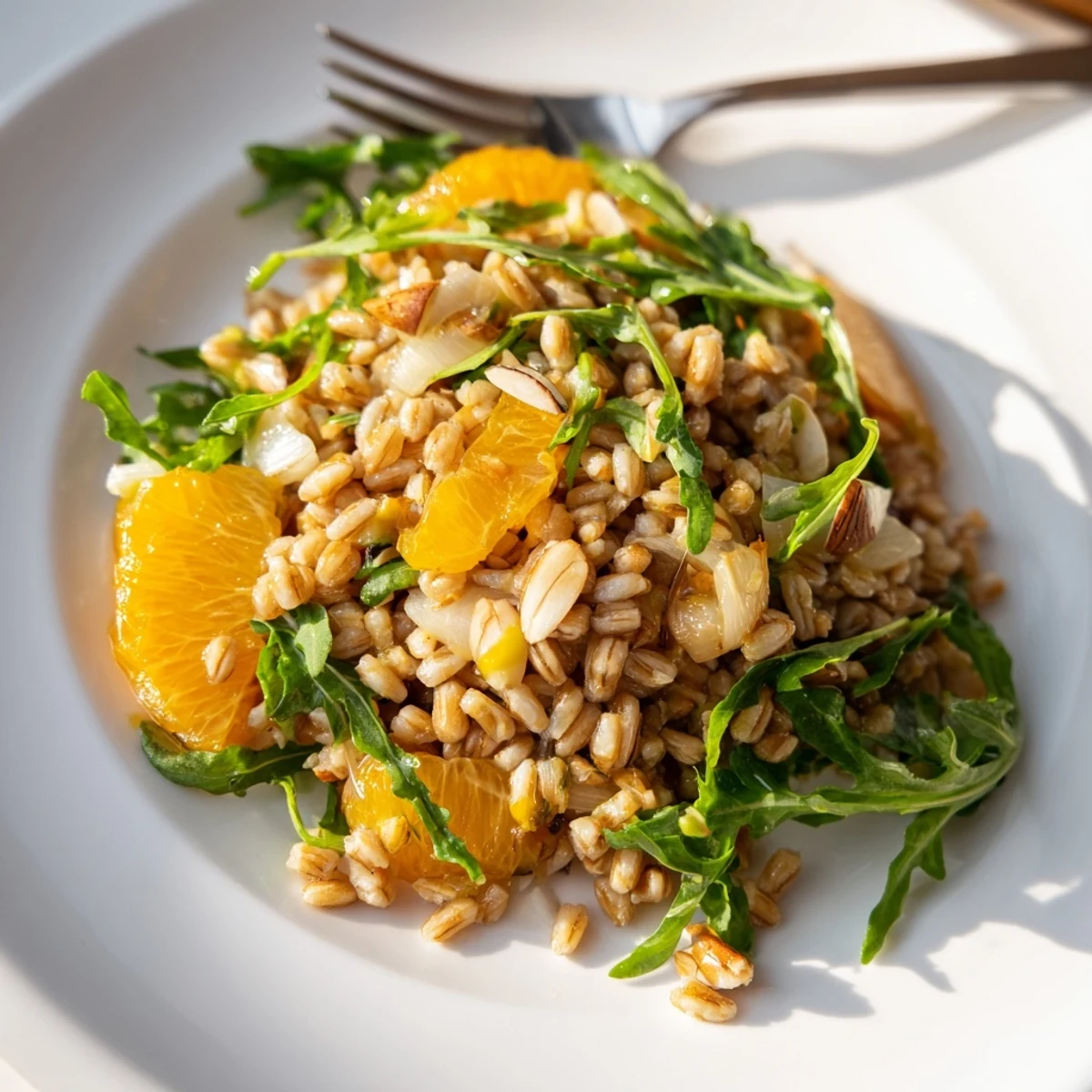 Freshly made Farro salad with fennel, oranges, and almonds, topped with toasted almonds on a rustic wood table.