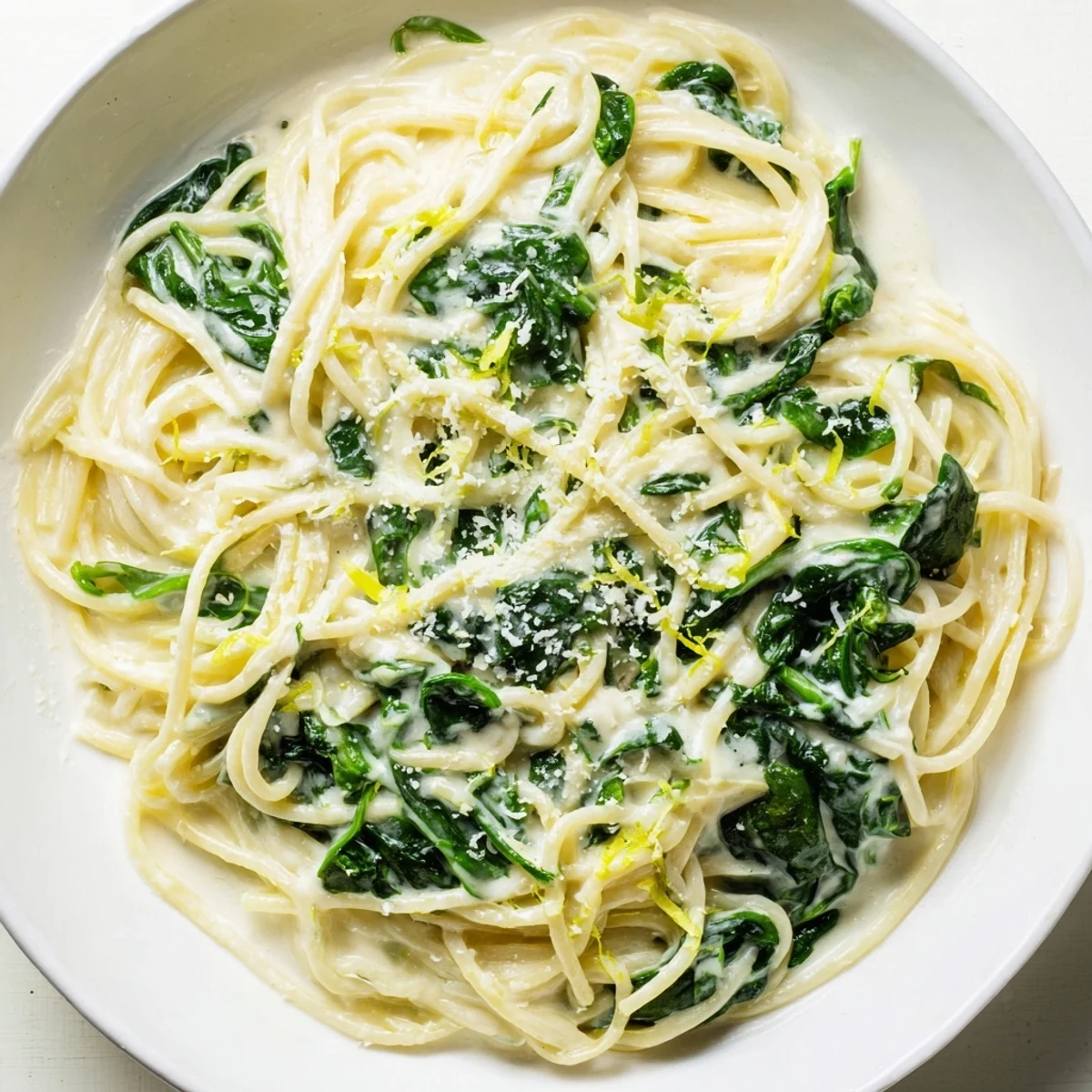 Creamy Lemon Spinach Spaghetti twirled on a fork, drenched in a silky lemon cream sauce with wilted greens.