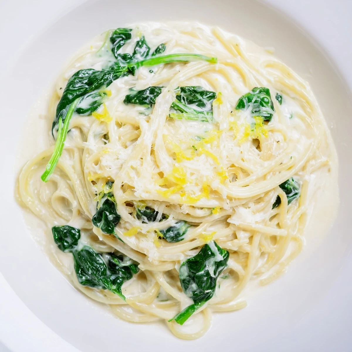 Golden garlic butter pasta plated alongside a crisp salad, showcasing the vibrant green spinach and Parmesan garnish.