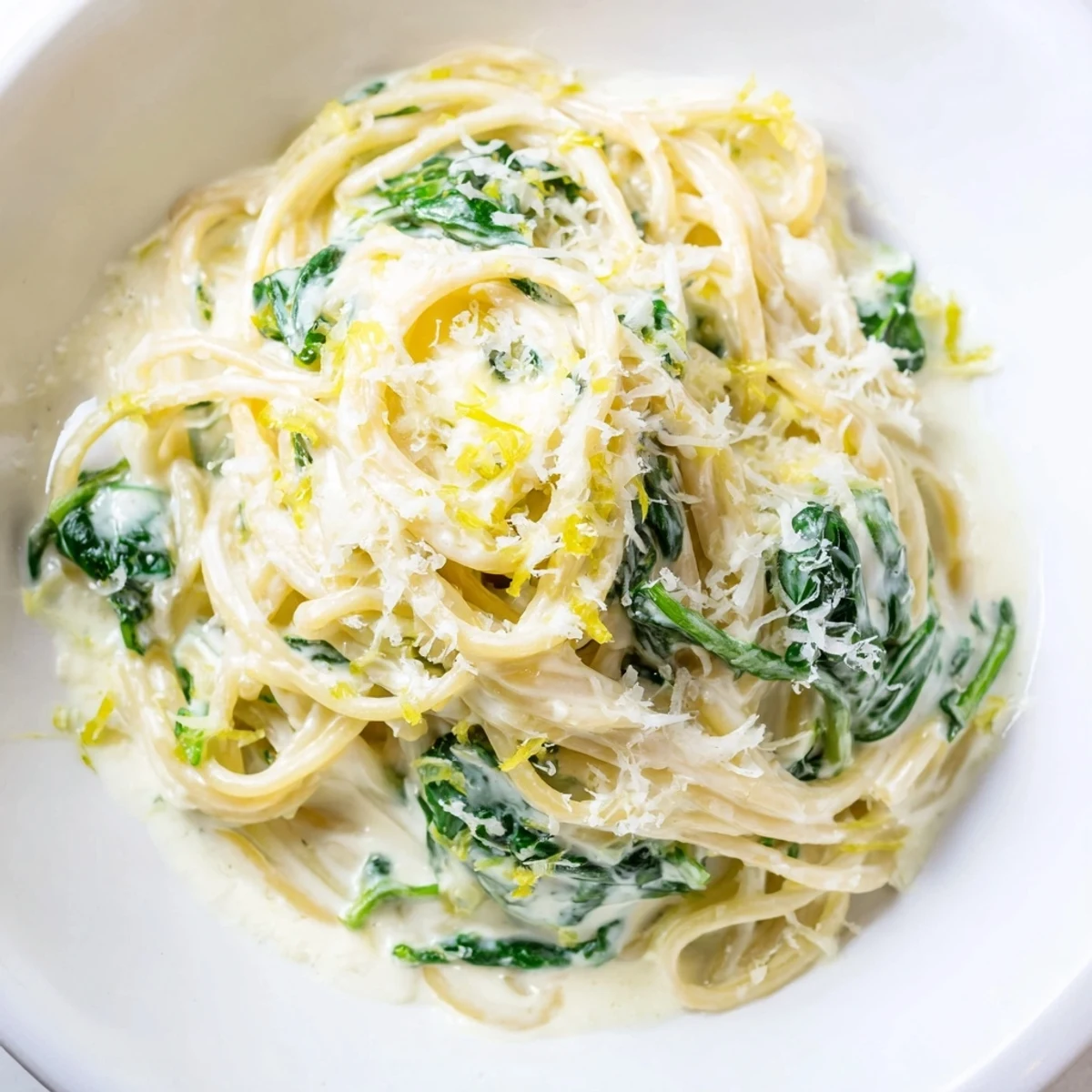 Steaming bowl of Creamy Lemon Spinach Spaghetti with lemon wedges on the side, ready for a weeknight dinner.