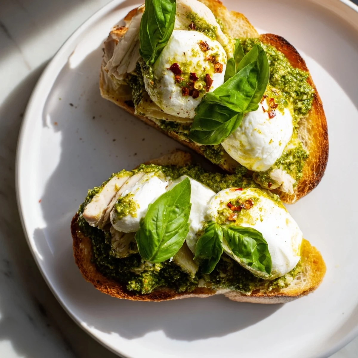 Golden-toasted sourdough slathered with green pesto, topped with sliced grilled chicken and a creamy burrata ball, garnished with fresh basil.