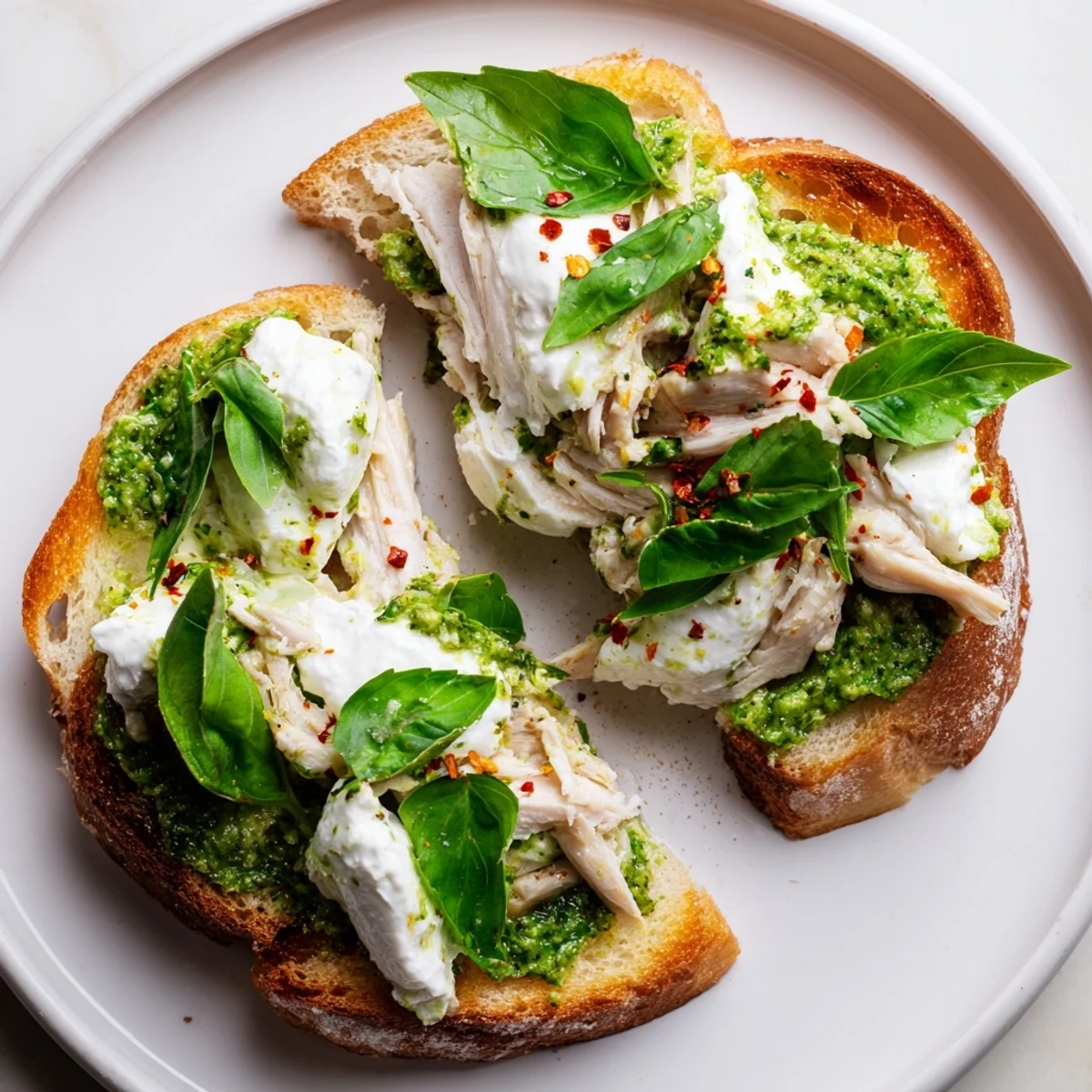 Close-up of a savory Italian-inspired toast, revealing juicy chicken, herby pesto, and the rich texture of torn burrata cheese on sourdough.