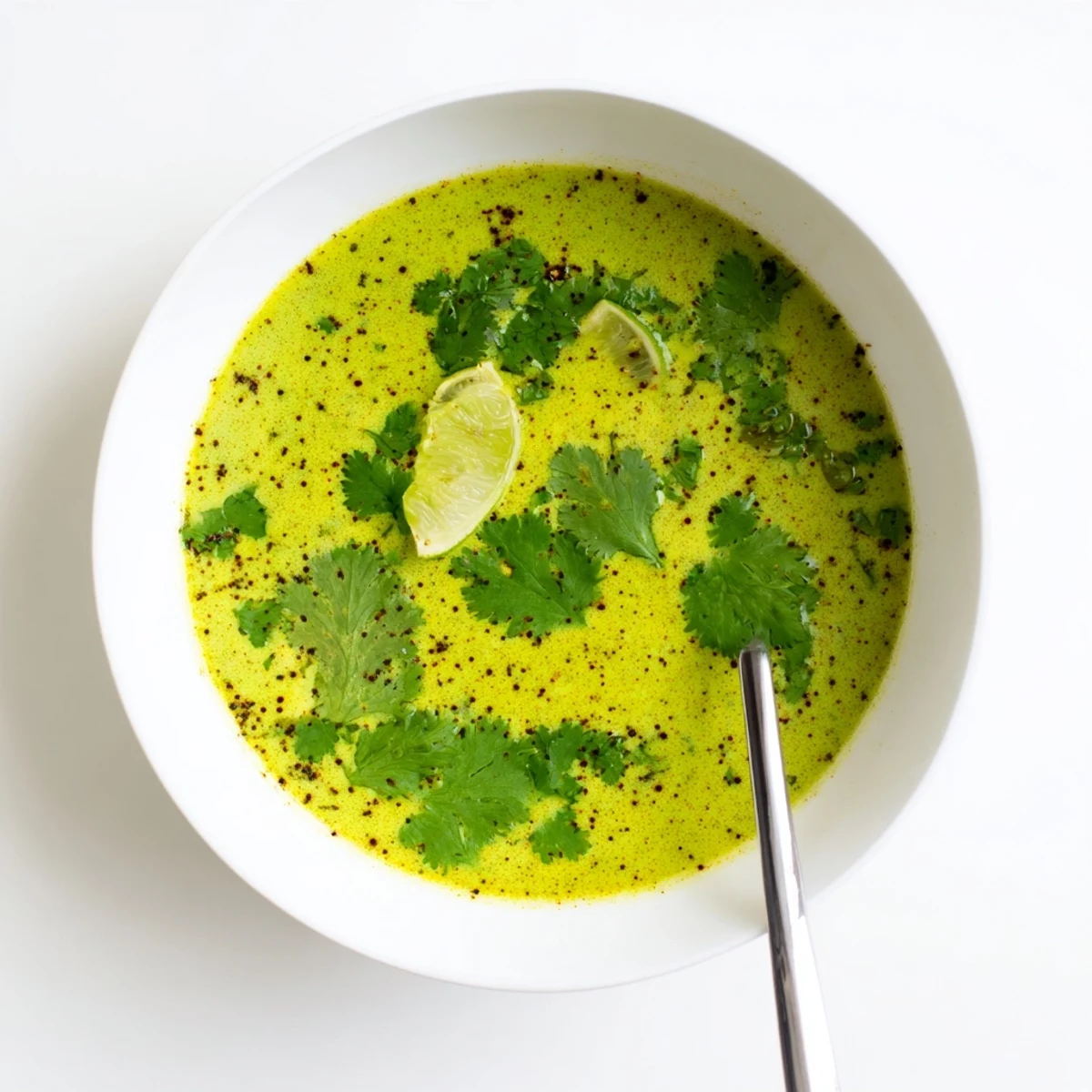 Steaming creamy Spinach Coriander Lemongrass Soup in a rustic white bowl with a spoon beside it.  