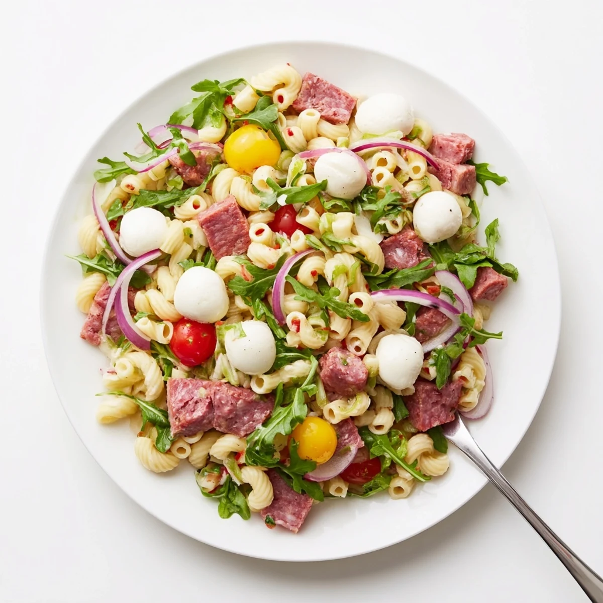 Vibrant Spring Antipasto Pasta Salad with ditalini, peppery arugula, and creamy mozzarella pearls on a serving platter.