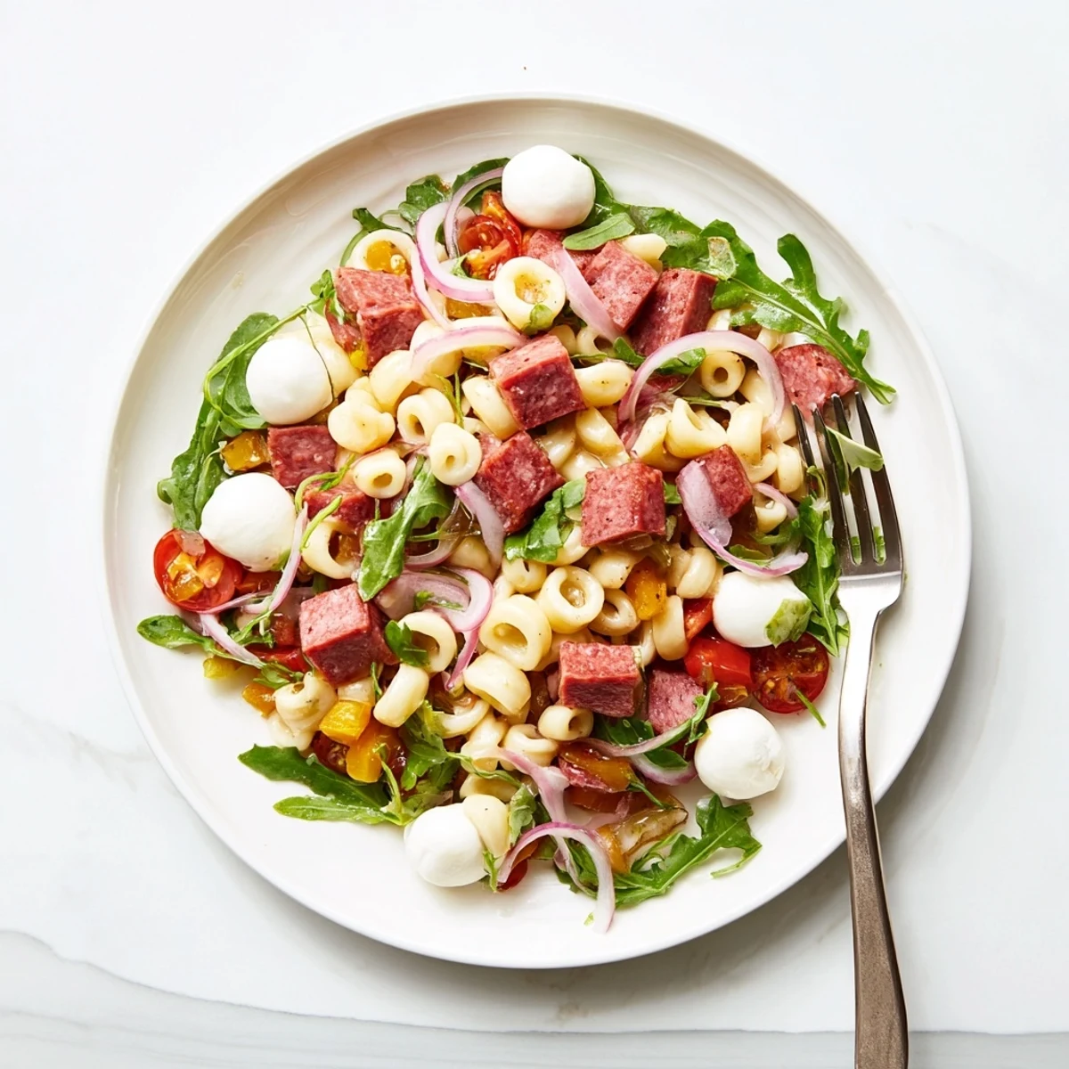 Spring Antipasto Pasta Salad served in a bowl, ready for a spring gathering with a light, tangy vinaigrette.