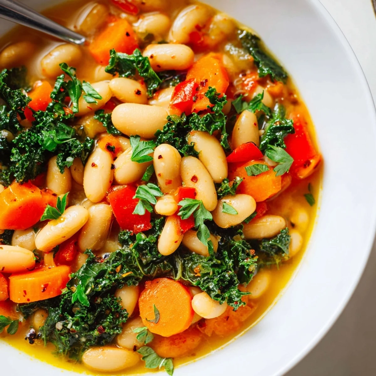 Warm Mediterranean White Bean Stew simmering in a pot, showcasing tender beans and colorful vegetables in a rich broth.