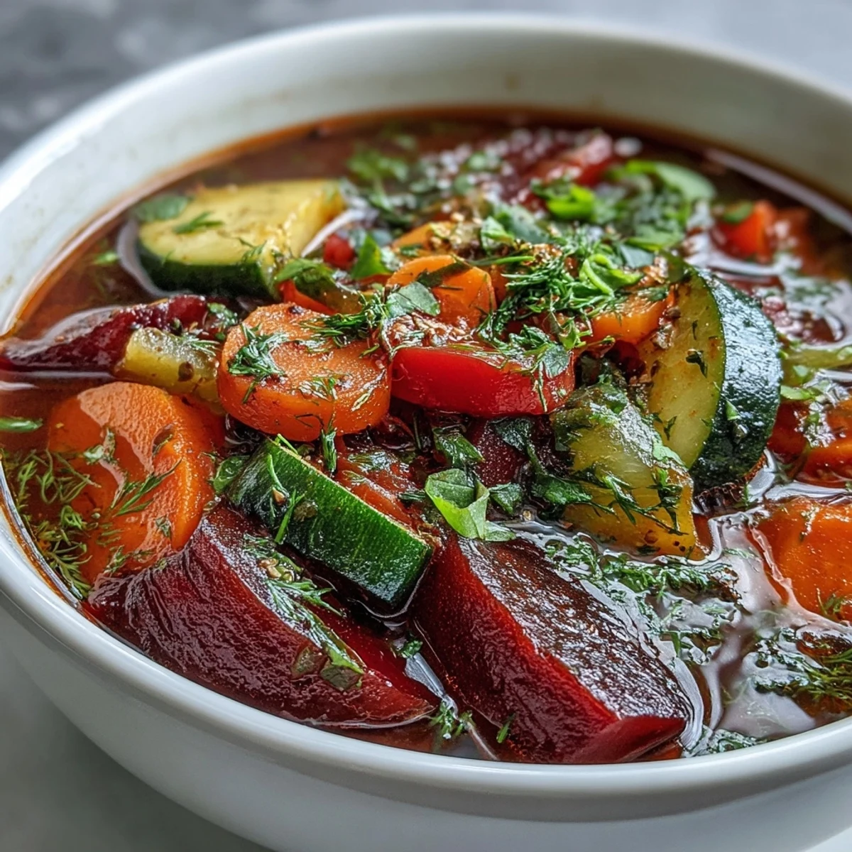 Vibrant Rainbow Vegetable Detox Soup, a colorful and nourishing bowl perfect for a clean meal.