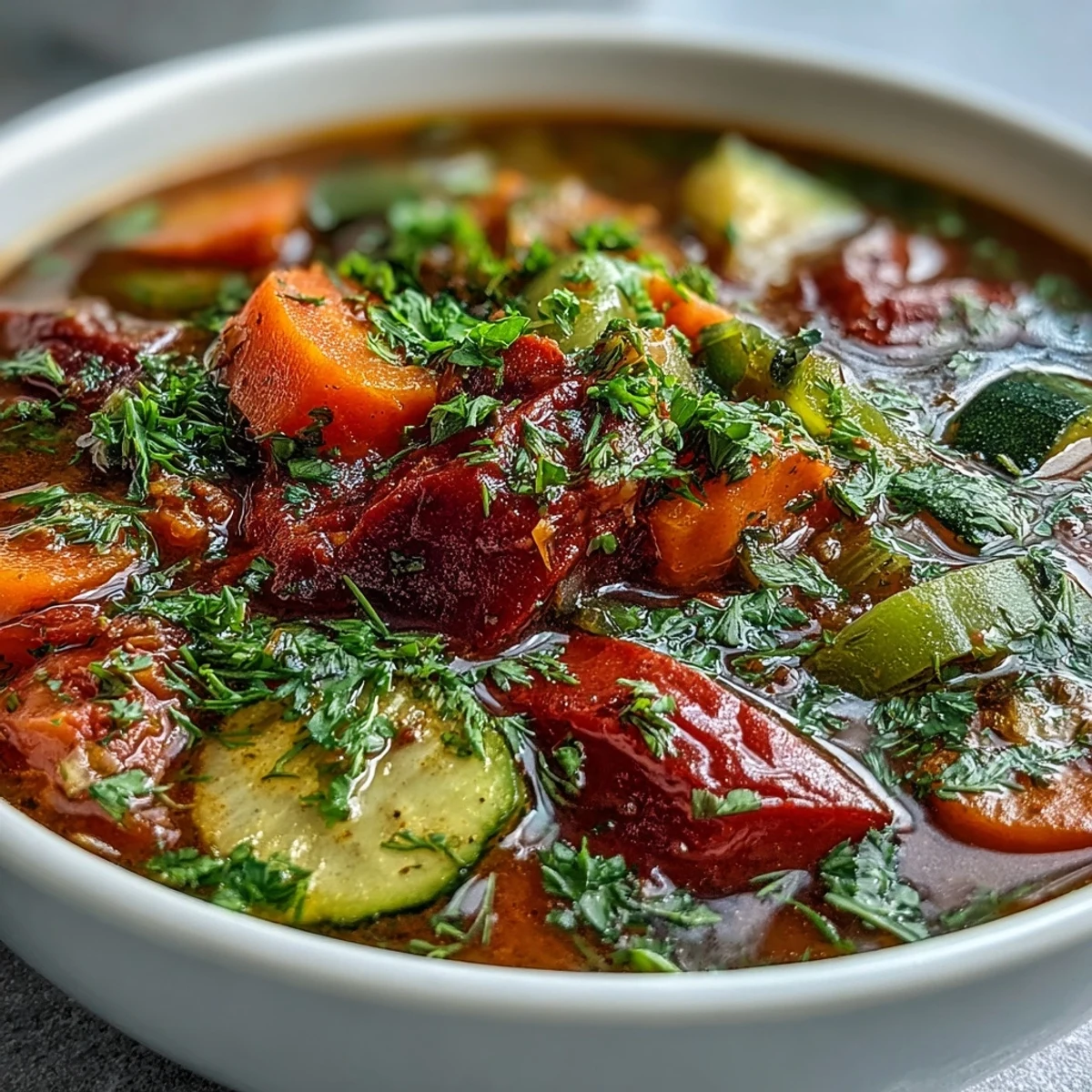 Charming bowl of Rainbow Vegetable Detox Soup, brimming with tender, fresh garden vegetables.