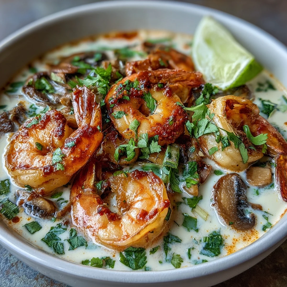 Creamy Thai Coconut Shrimp Soup served hot in a bowl with cilantro garnish and lime wedges.
