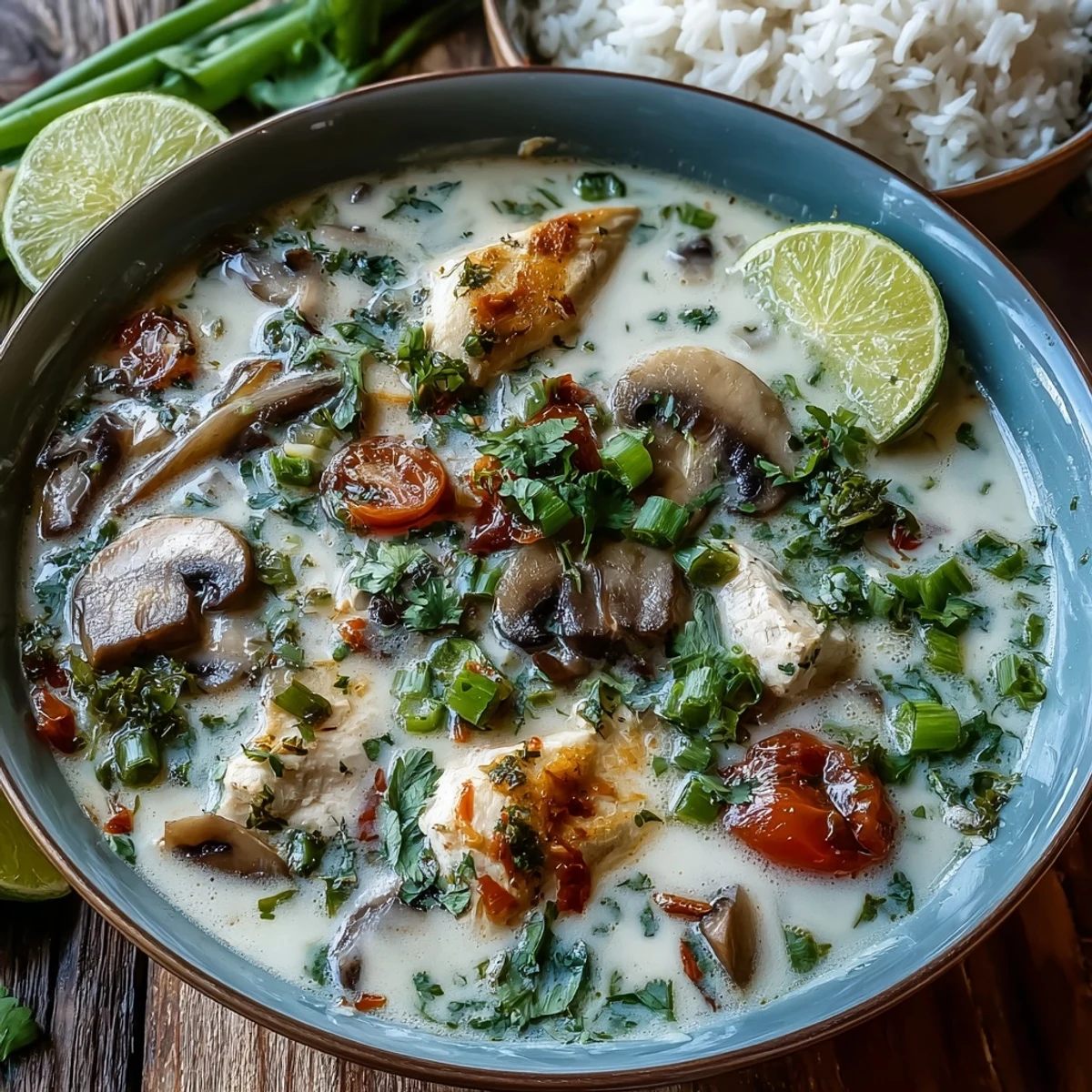 Served alongside jasmine rice, Best Ever Tom Kha Gai Soup garnished with green onions and spicy chilies.
