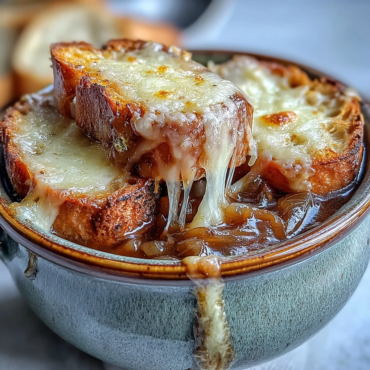Golden brown French Onion Soup with melted Gruyère bubbling over crusty bread in a rustic ceramic bowl.