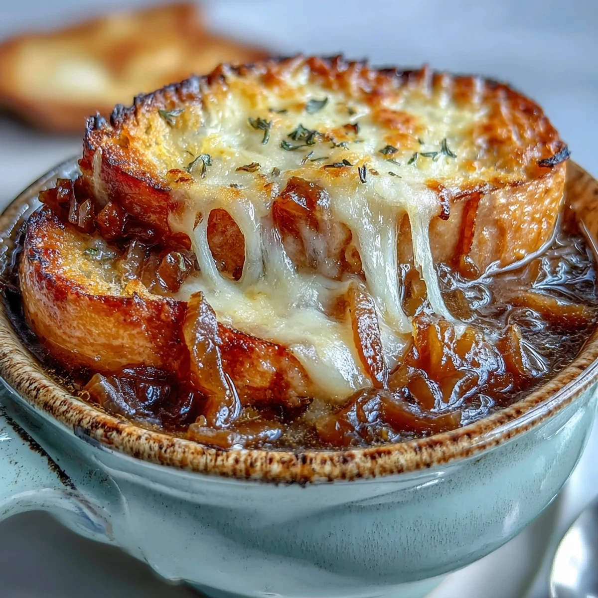 Steaming French Onion Soup with deeply caramelized onions served under a layer of gooey cheese.