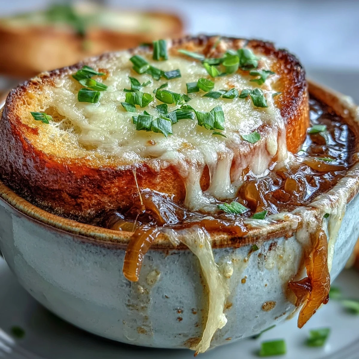French Onion Soup in an oven-safe bowl topped with toasted bread and melted Gruyère under the broiler.