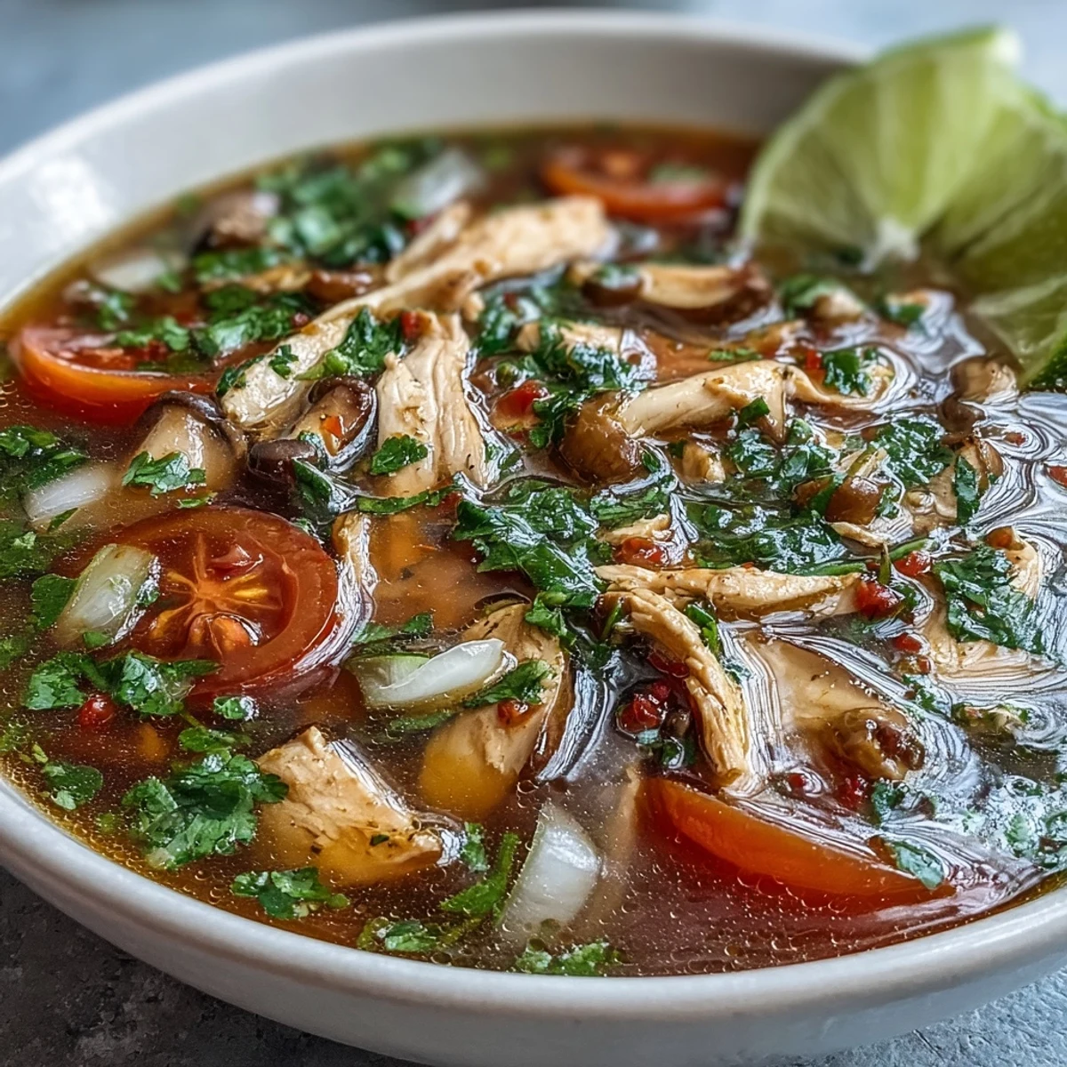 A steaming bowl of Tom Yum Gai garnished with fresh cilantro and lime wedges, showcasing tender chicken and vibrant tomatoes.