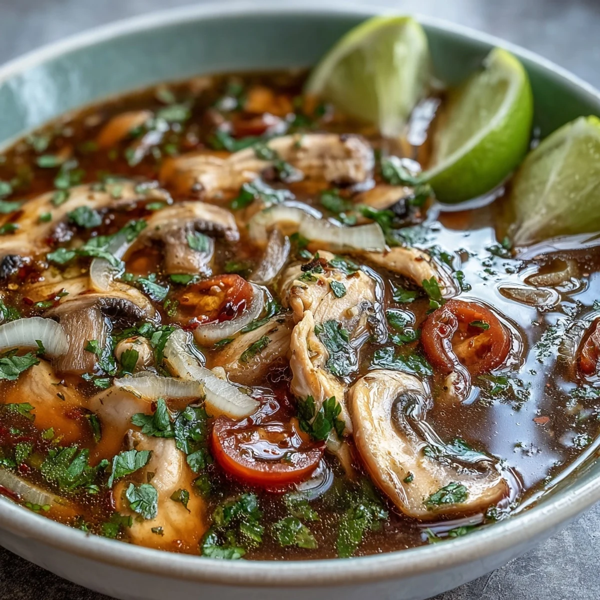 Spicy and sour Tom Yum Gai soup with mushrooms, chili slices, and aromatic herbs in a rustic ceramic bowl.