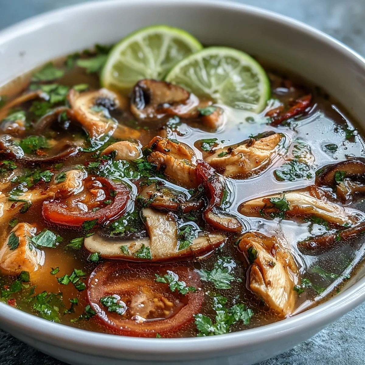 Hot and sour Thai chicken soup, Tom Yum Gai, ready to serve with a bright, citrusy broth and fresh garnishes.
